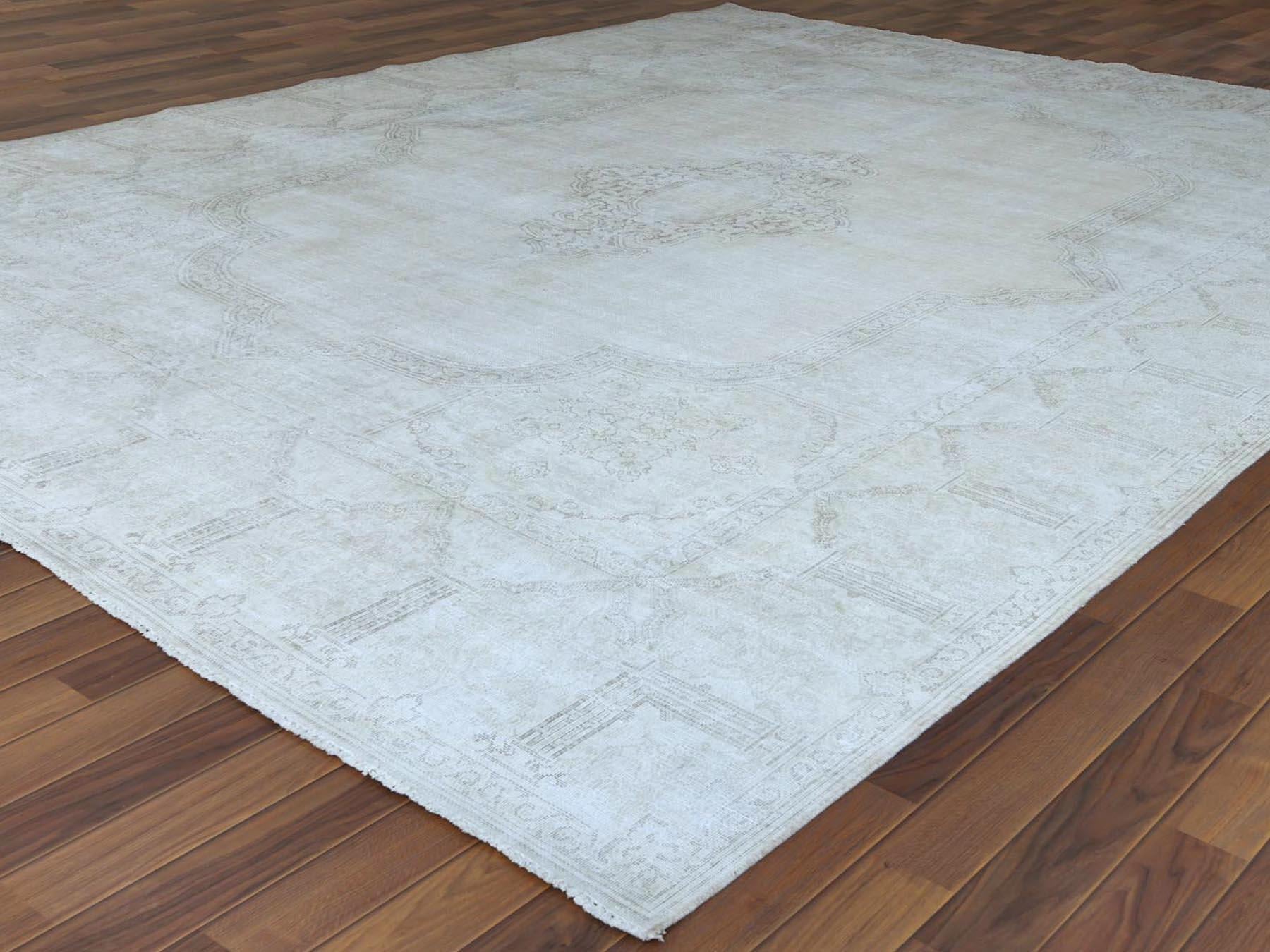 Hand-Knotted Bohemian Vintage Beige Persian Kerman Cropped Thin Pile Wool Hand Knotted Rug