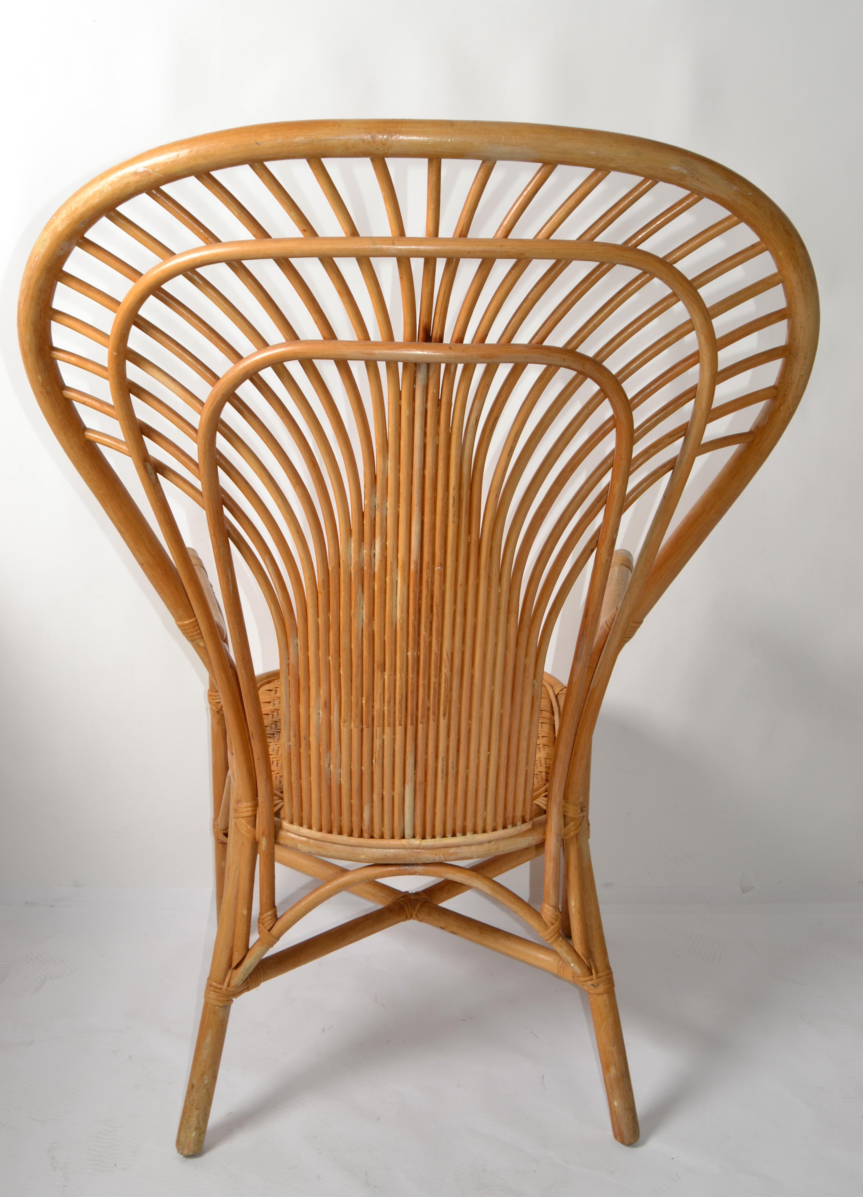 Bohemian Vintage Handcrafted Beige Bamboo Split Reed Caning Rattan Peacock Chair For Sale 2