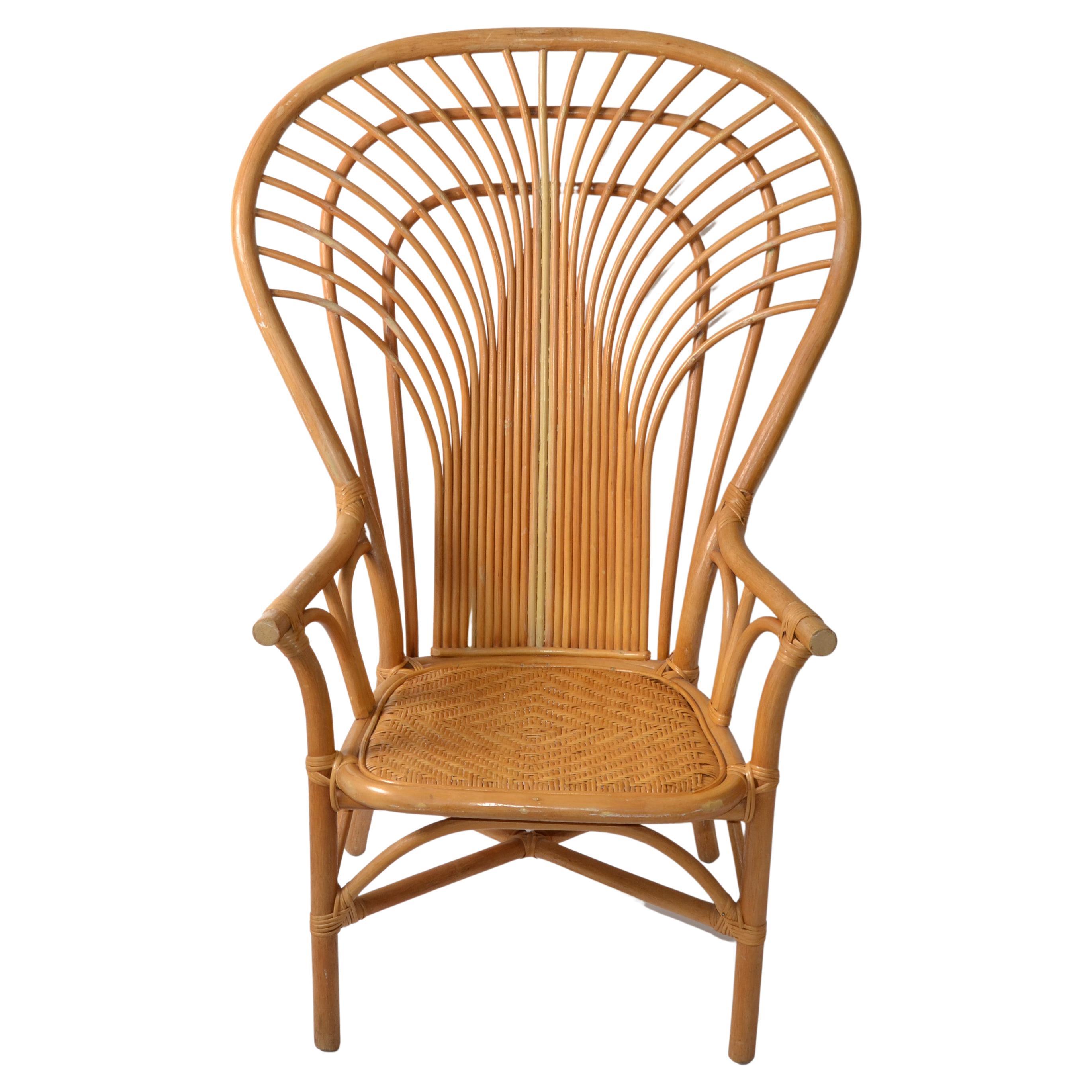 Bohemian Vintage Handcrafted Beige Bamboo Split Reed Caning Rattan Peacock Chair For Sale