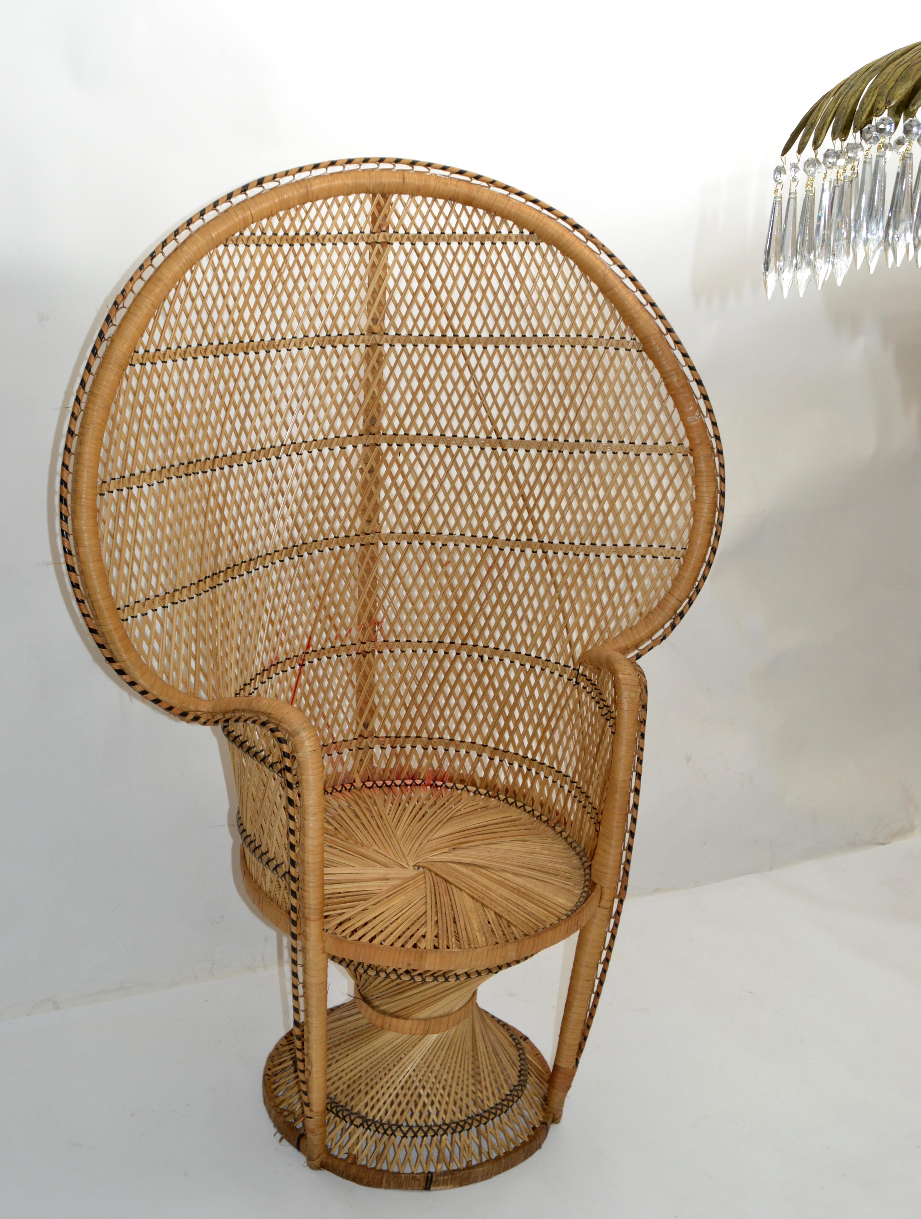 Stunning Boho Chic handwoven vintage Beige and black peacock chair from the 1970s.
Please note the details and different techniques in this chair. 
Made out of wicker, rattan and reed.
Great for indoor and outdoor use.
Measure: Arm height: 28