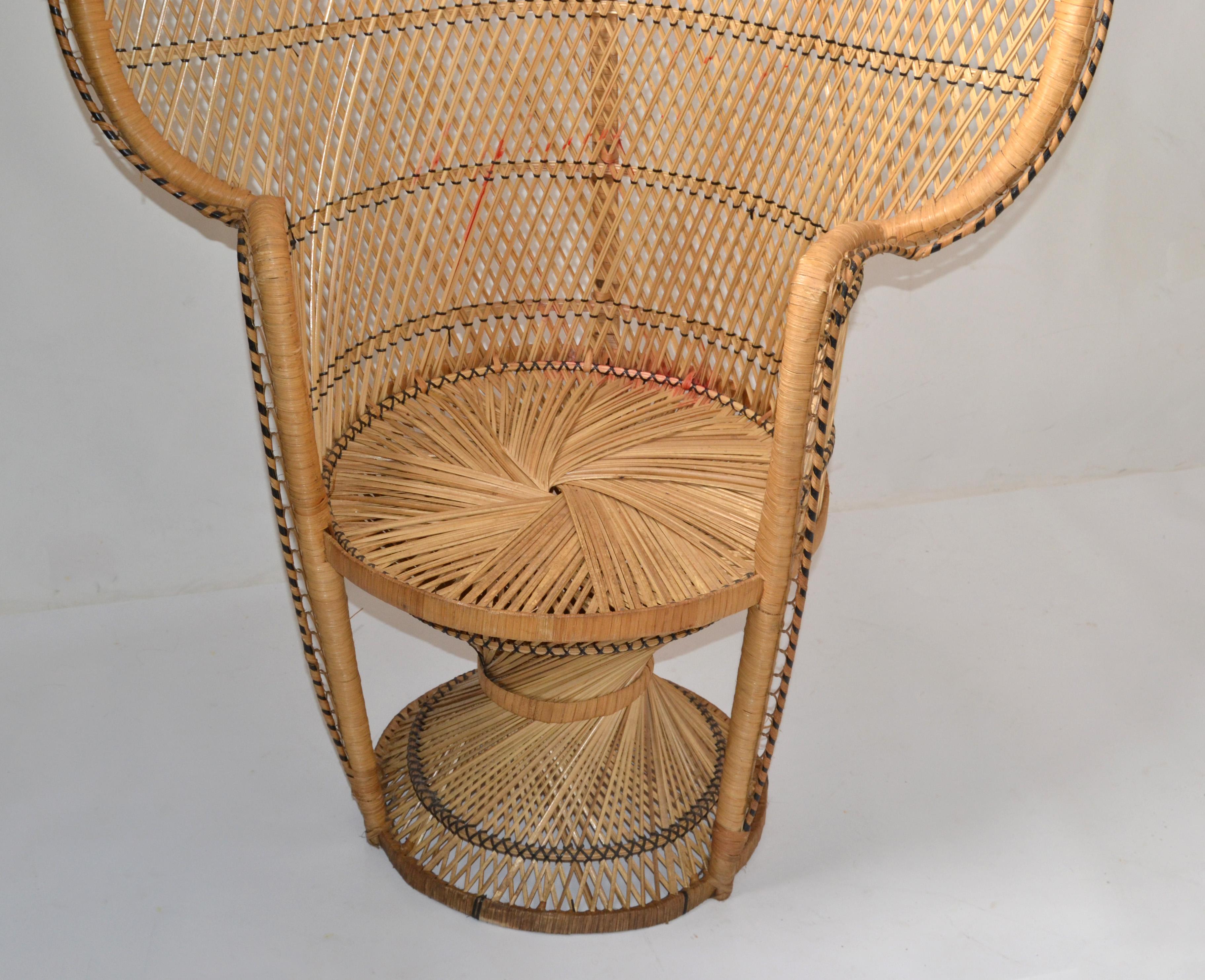American Bohemian Vintage Handcrafted Beige & Black Wicker, Rattan, Reed Peacock Chair For Sale