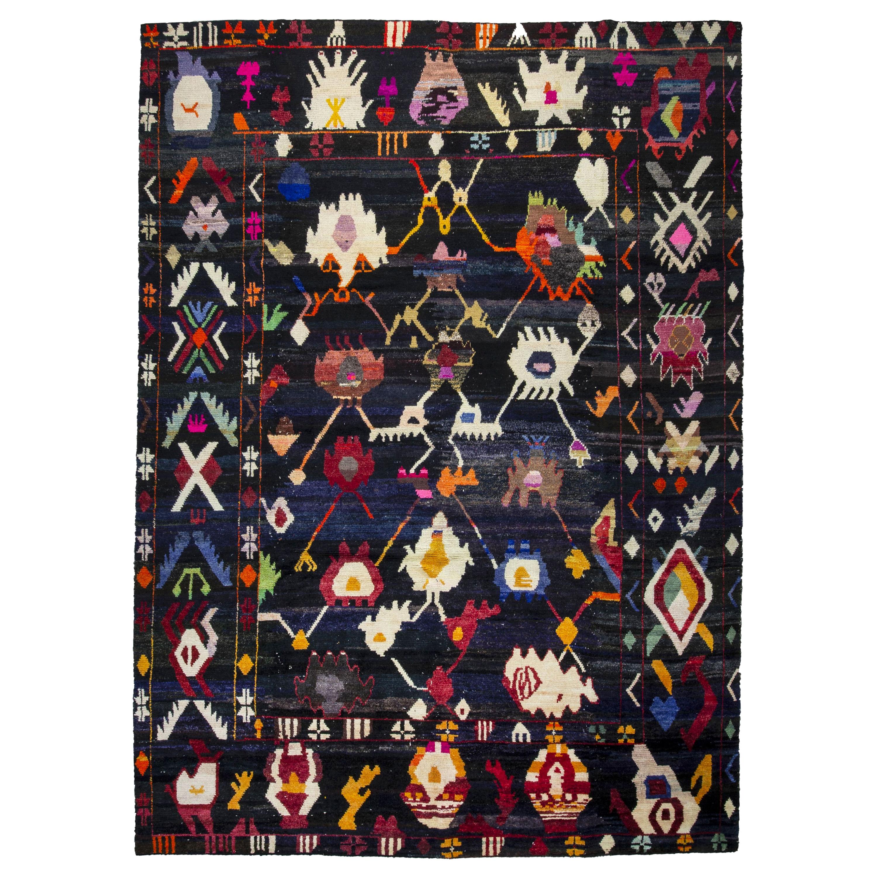 Contemporary Turkish Tulu-Inspired Multicolor Wool Rug