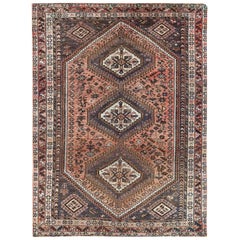 Bohemian Vintage Worn Down Persian Qashqai Faded Rust Color Handmade Wool Rug