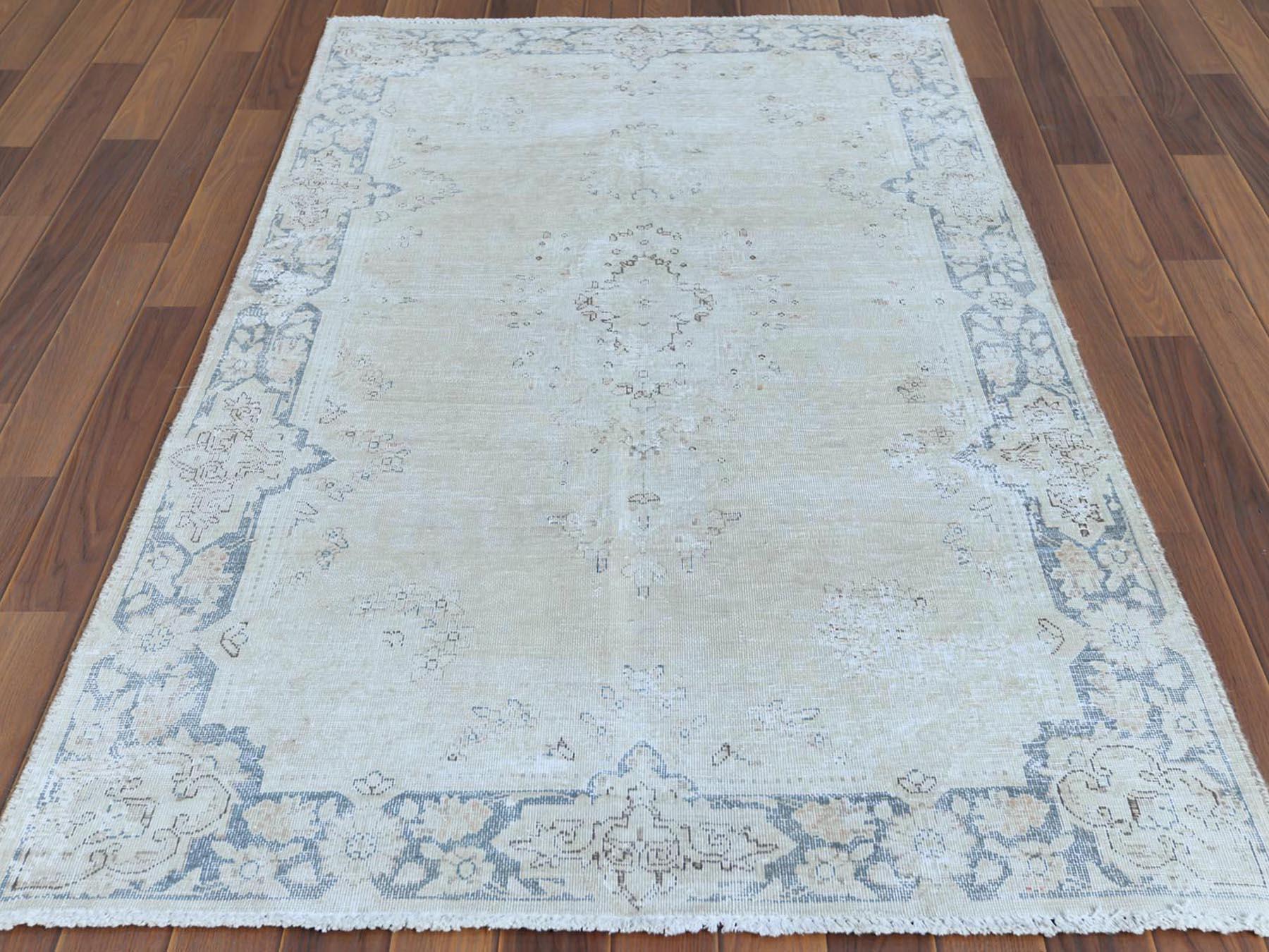 Medieval Bohemian Washed Out Beige Old Persian Kerman Cropped Thin Wool Hand Knotted Rug
