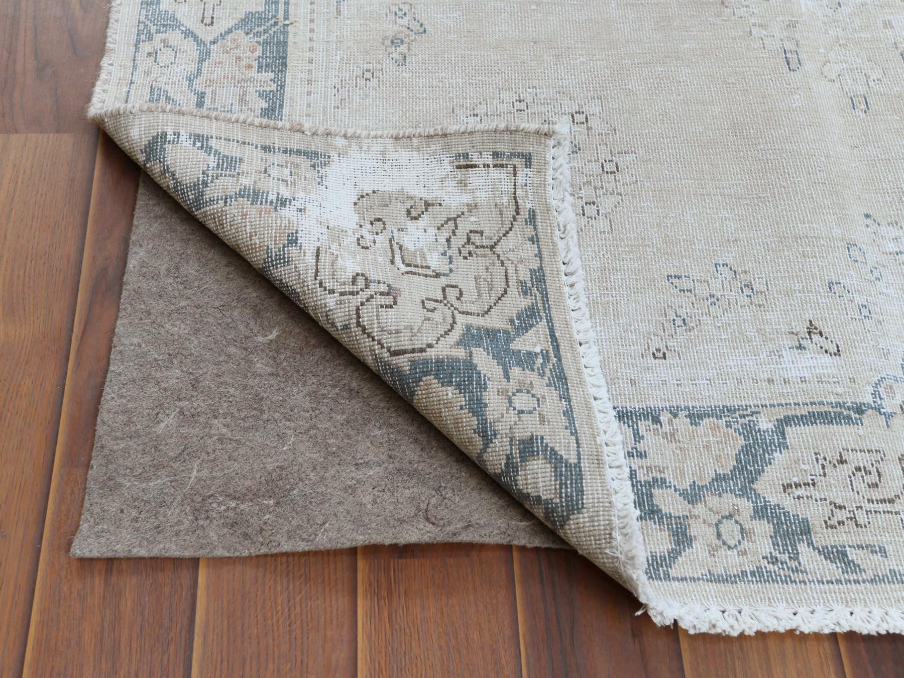 Hand-Knotted Bohemian Washed Out Beige Old Persian Kerman Cropped Thin Wool Hand Knotted Rug