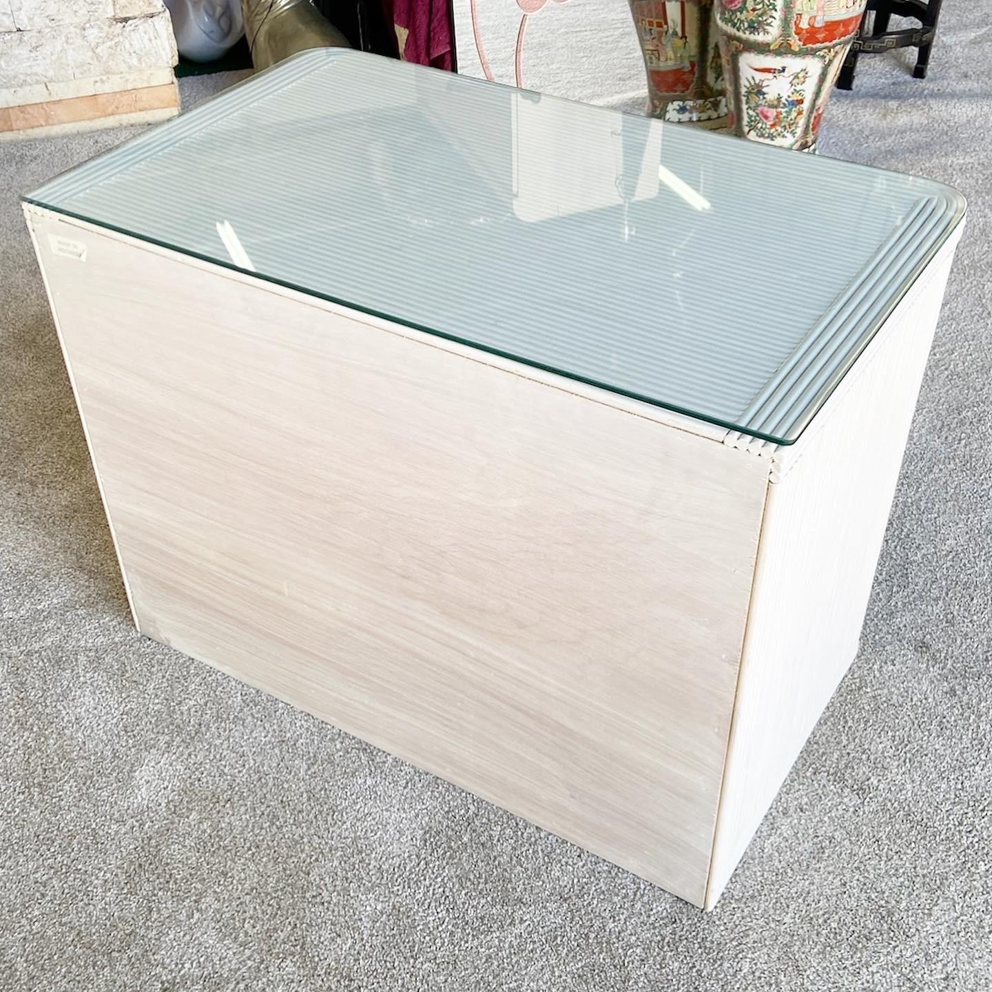 Bohemian White Pencil Reed Glass Top Nightstand/End Table In Good Condition In Delray Beach, FL