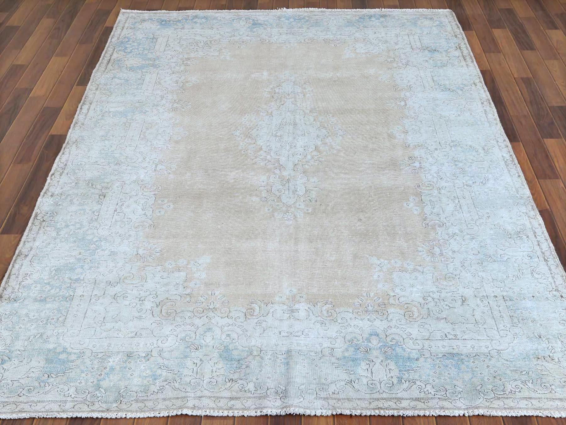 Medieval Bohemian White Wash Persian Kerman Old Cropped Thin Pile Wool Hand Knotted Rug