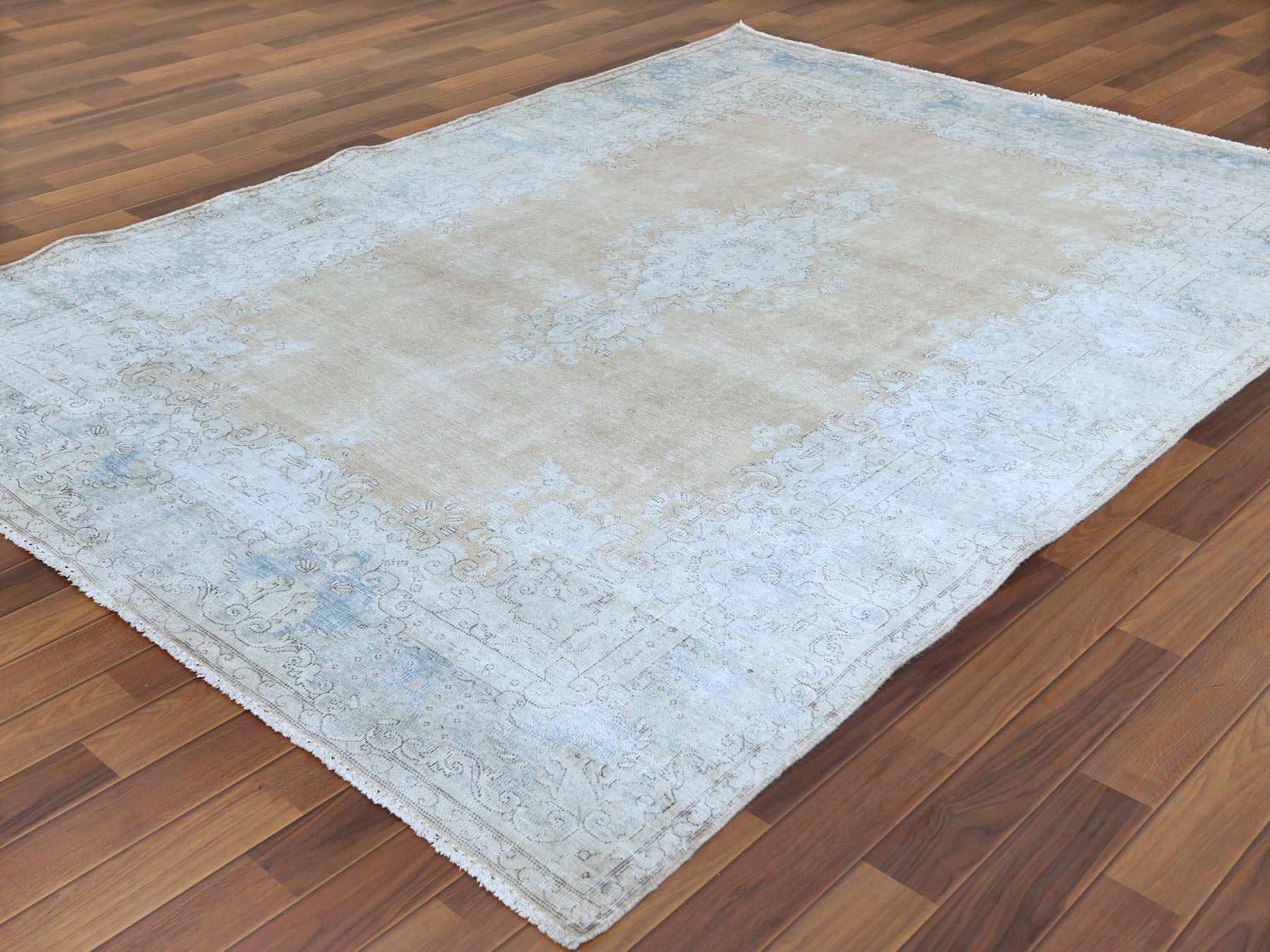 Hand-Knotted Bohemian White Wash Persian Kerman Old Cropped Thin Pile Wool Hand Knotted Rug
