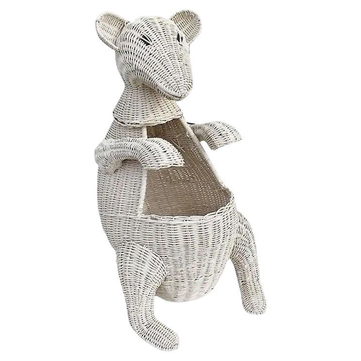 Bohemian White Wicker Kangaroo Animal Decorative Basket or Planter