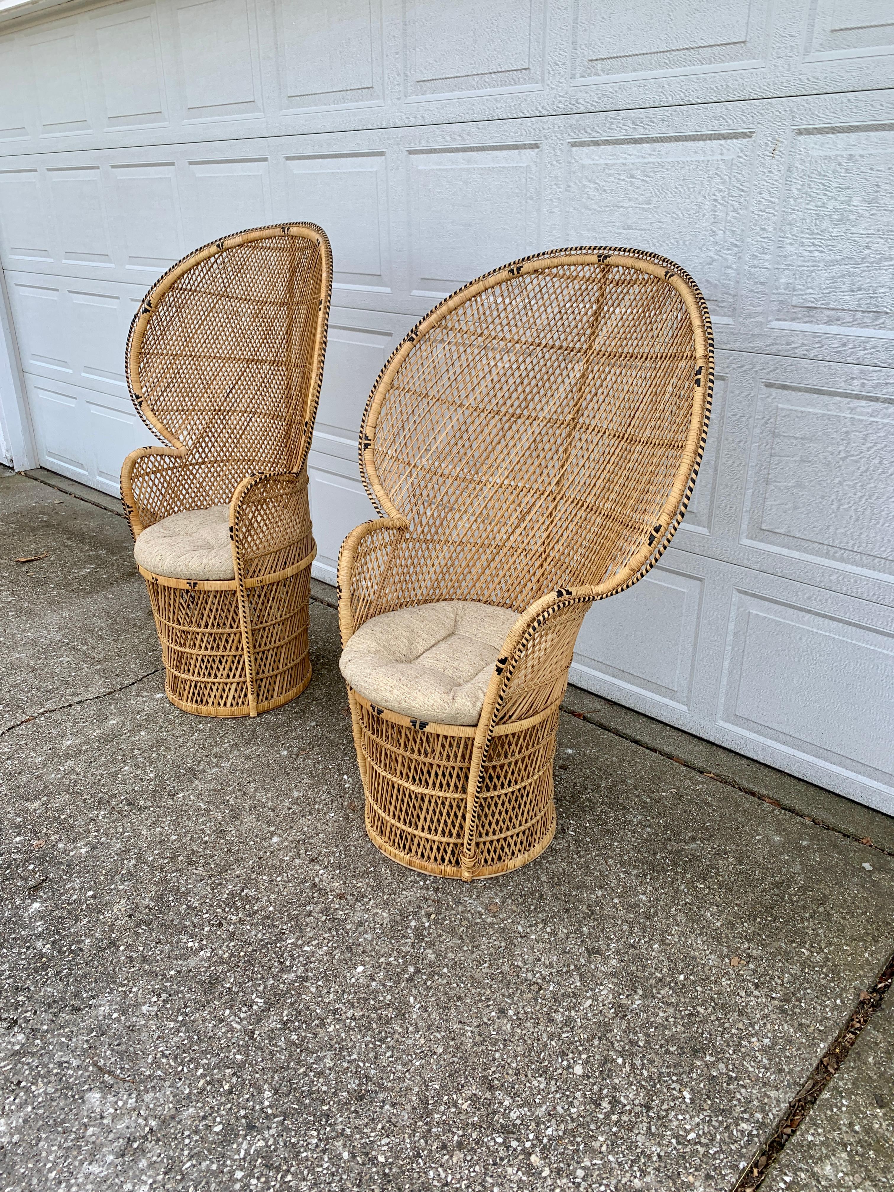 Late 20th Century Bohemian Wicker Emanuelle Peacock Chairs, Pair For Sale