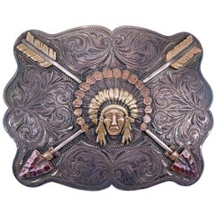 Used Bohlin Indian Chief Trophy Belt Buckle in Silver and Tri-Color Gold