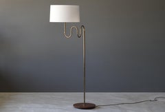 Böhlmarks, Adjustable Floor Lamp, Brass, Elm, Fabric, Sweden, 1940s
