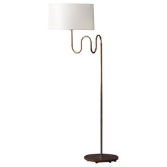 Böhlmarks, Adjustable Floor Lamp, Brass, Elm, Fabric, Sweden, 1940s
