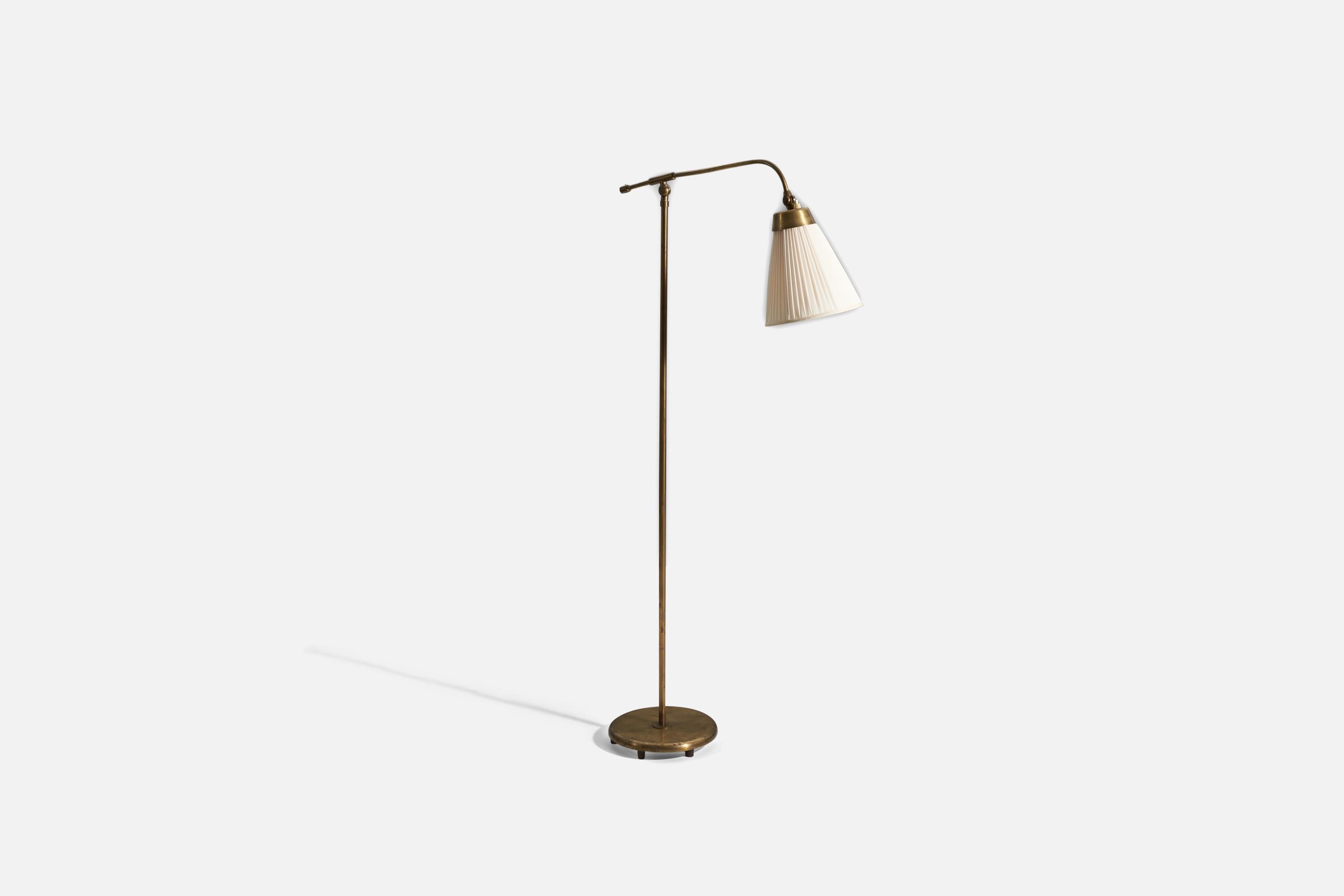 Mid-Century Modern Böhlmarks, Adjustable Floor Lamp, Brass, Fabric, Sweden, 1940s