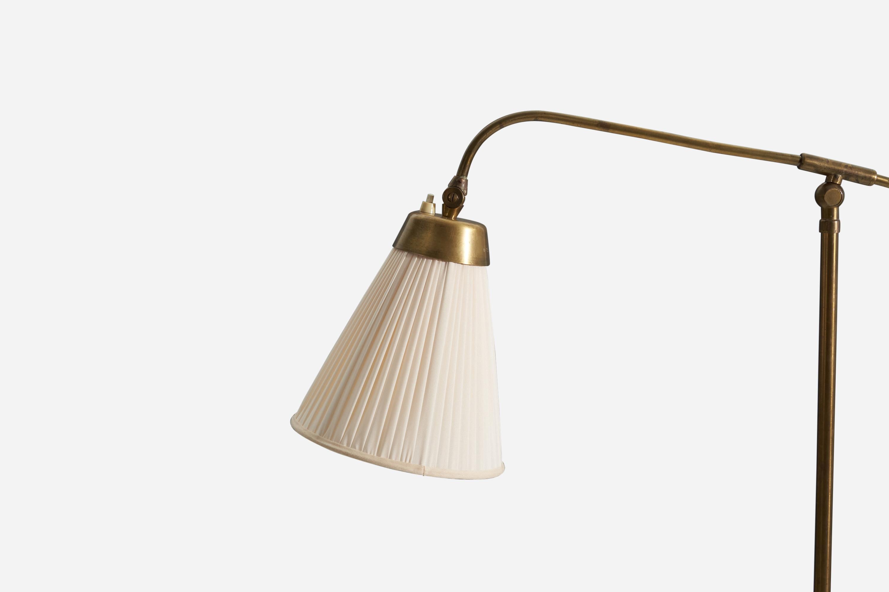Böhlmarks, Adjustable Floor Lamp, Brass, Fabric, Sweden, 1940s In Good Condition In High Point, NC