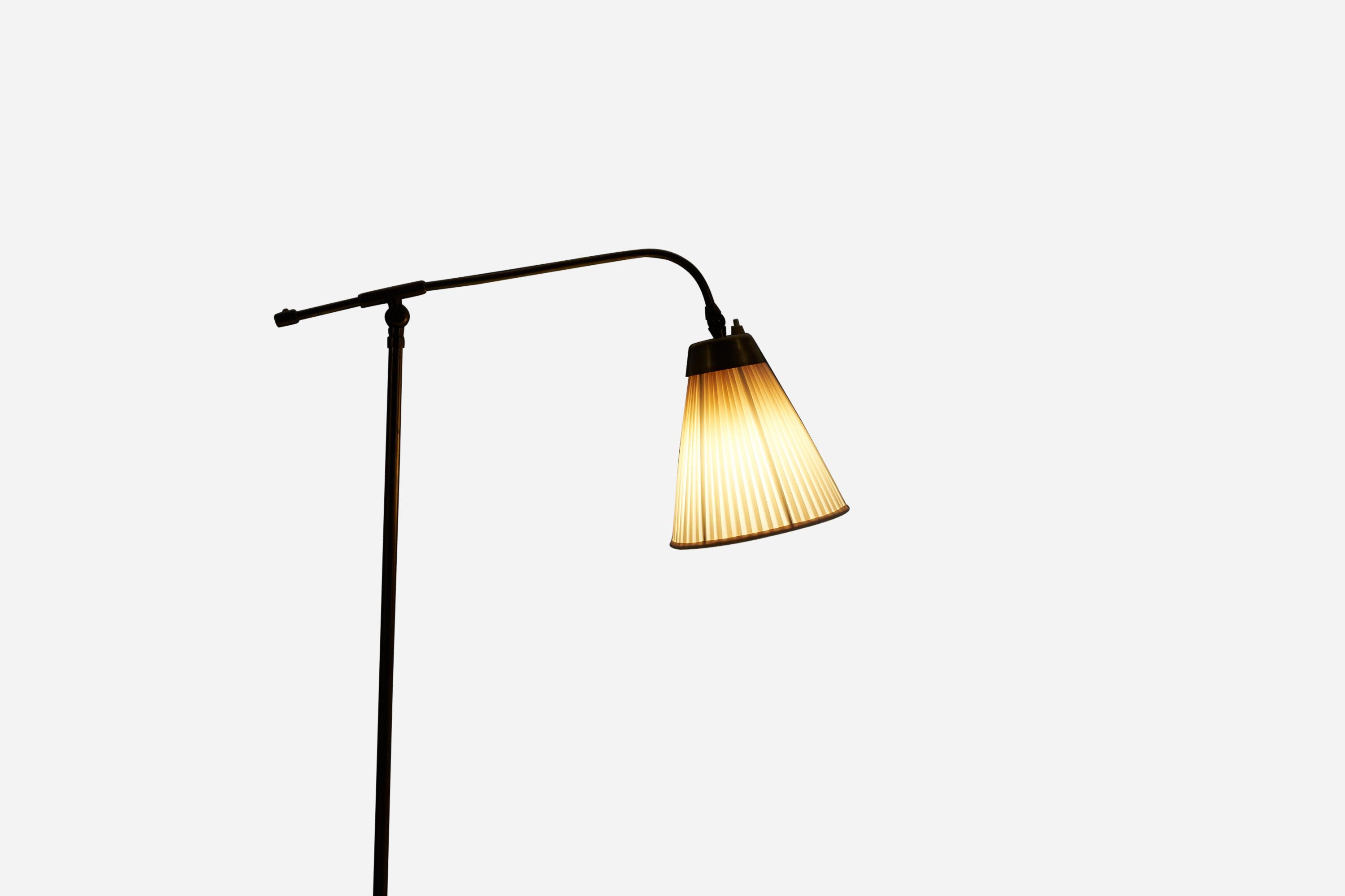 Mid-20th Century Böhlmarks, Adjustable Floor Lamp, Brass, Fabric, Sweden, 1940s