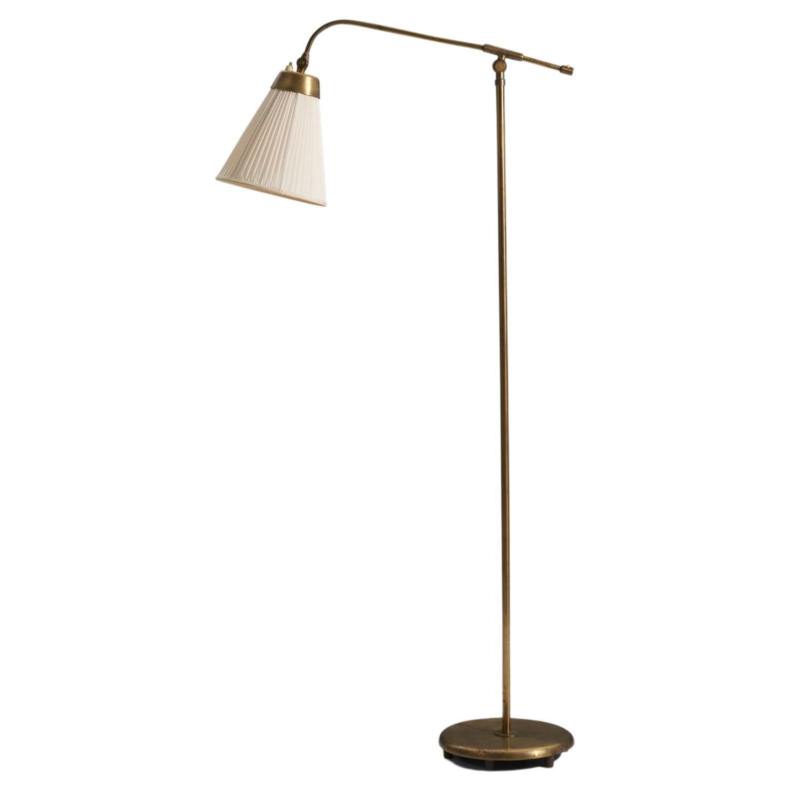Böhlmarks, Adjustable Floor Lamp, Brass, Fabric, Sweden, 1940s