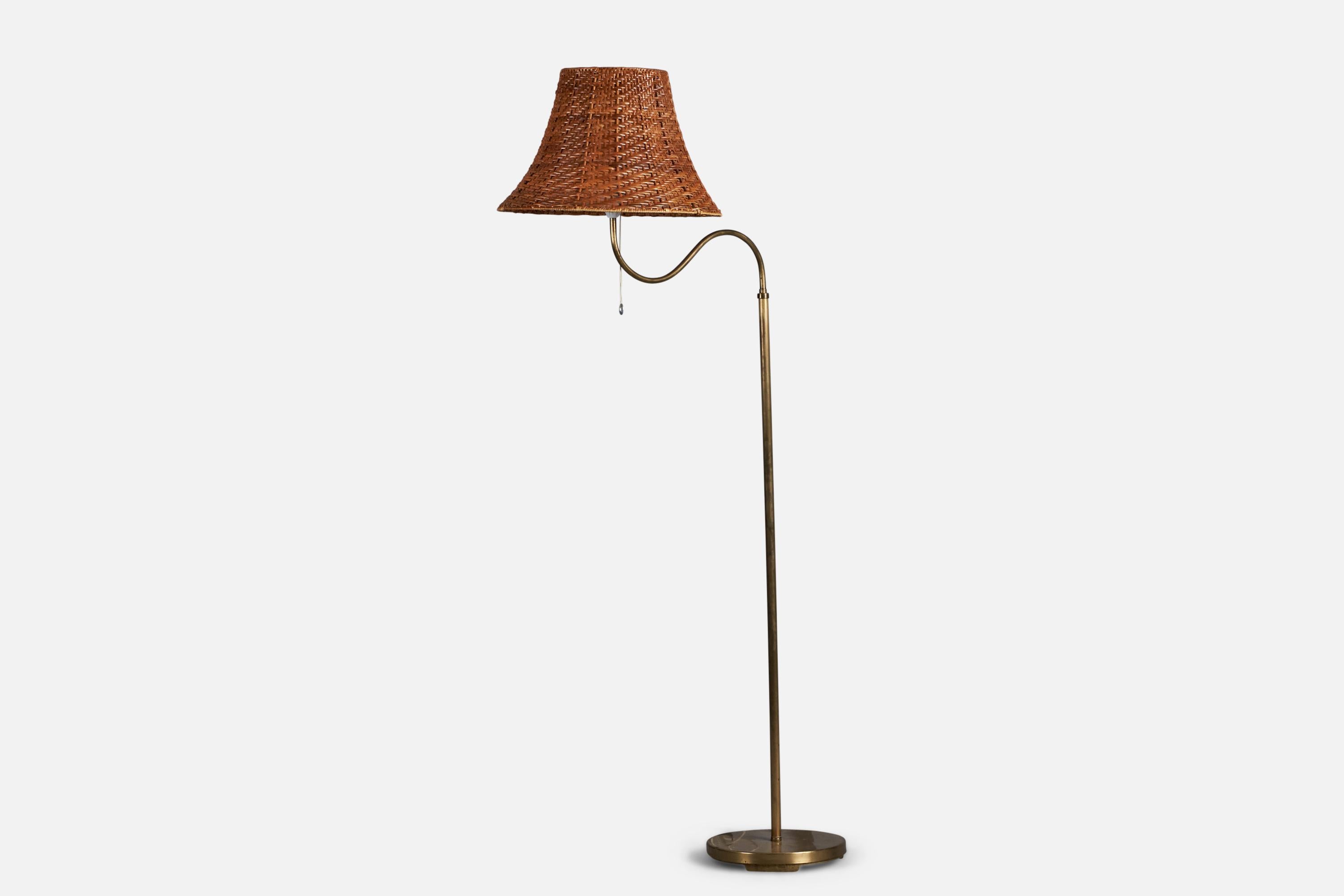 Scandinavian Modern Böhlmarks, Adjustable Floor Lamp, Brass, Rattan, Sweden, 1940s