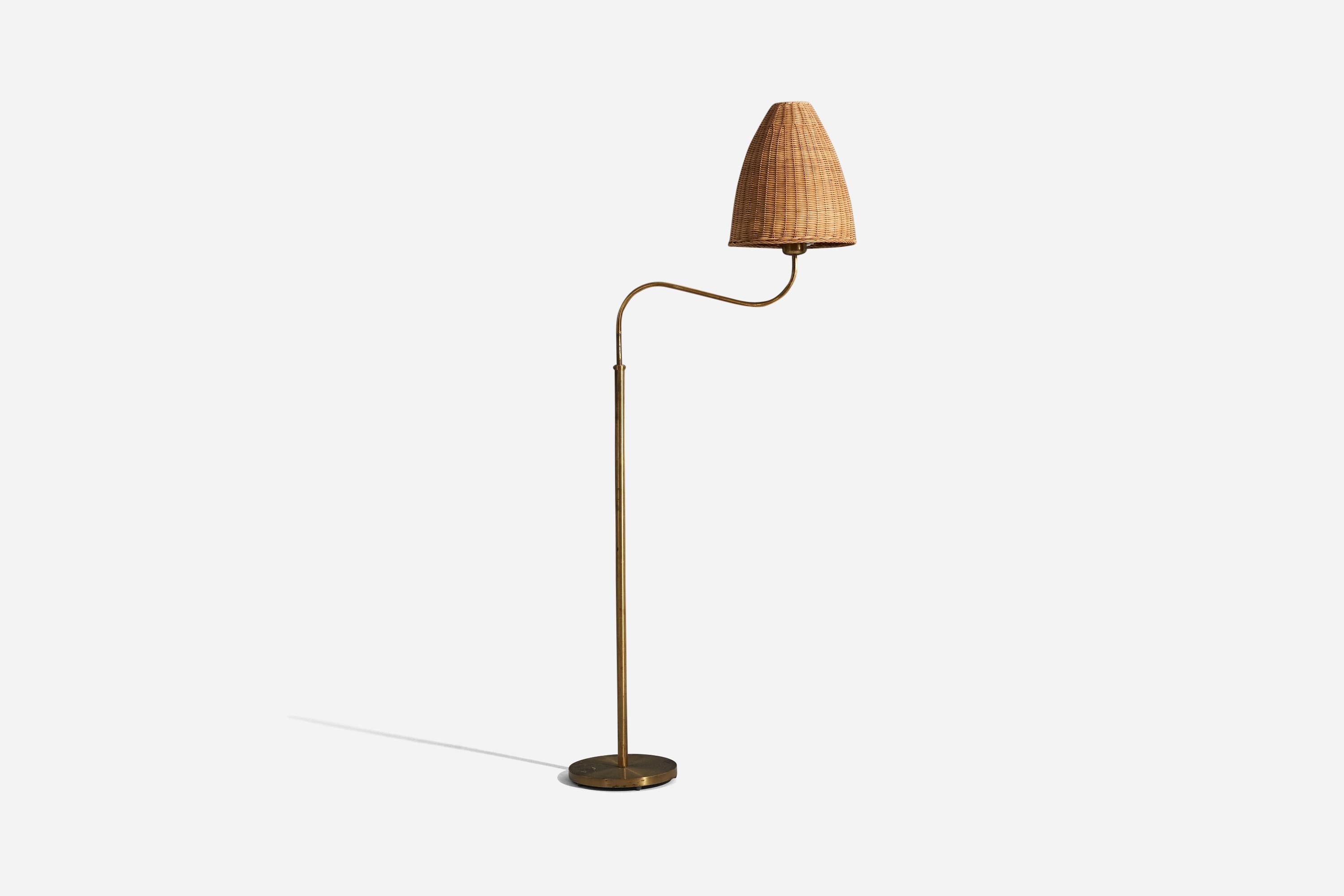 Mid-Century Modern Böhlmarks, Adjustable Floor Lamp, Brass, Rattan, Sweden, 1940s For Sale