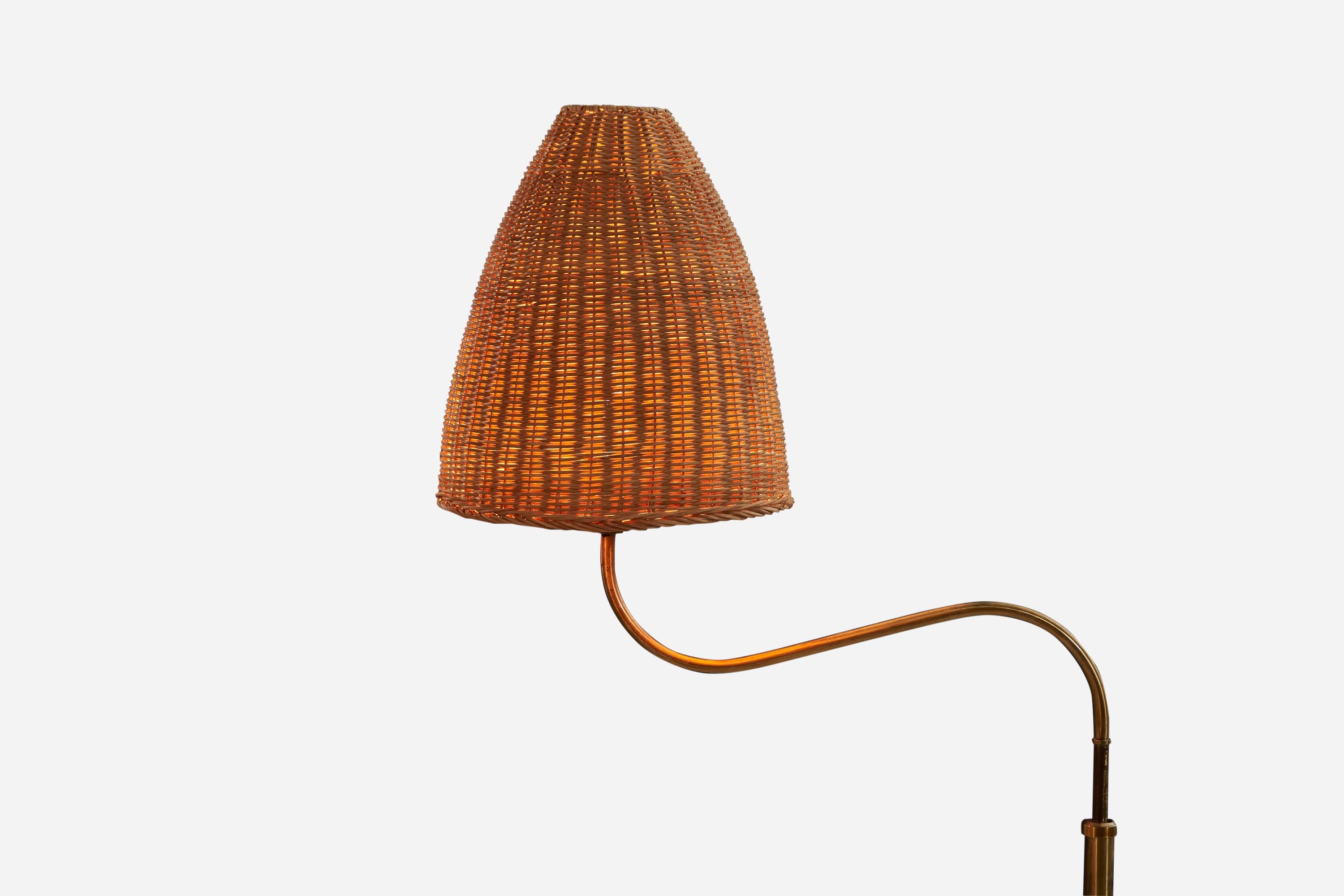 Swedish Böhlmarks, Adjustable Floor Lamp, Brass, Rattan, Sweden, 1940s For Sale