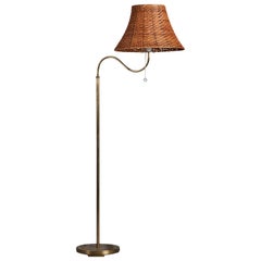 Böhlmarks, Adjustable Floor Lamp, Brass, Rattan, Sweden, 1940s