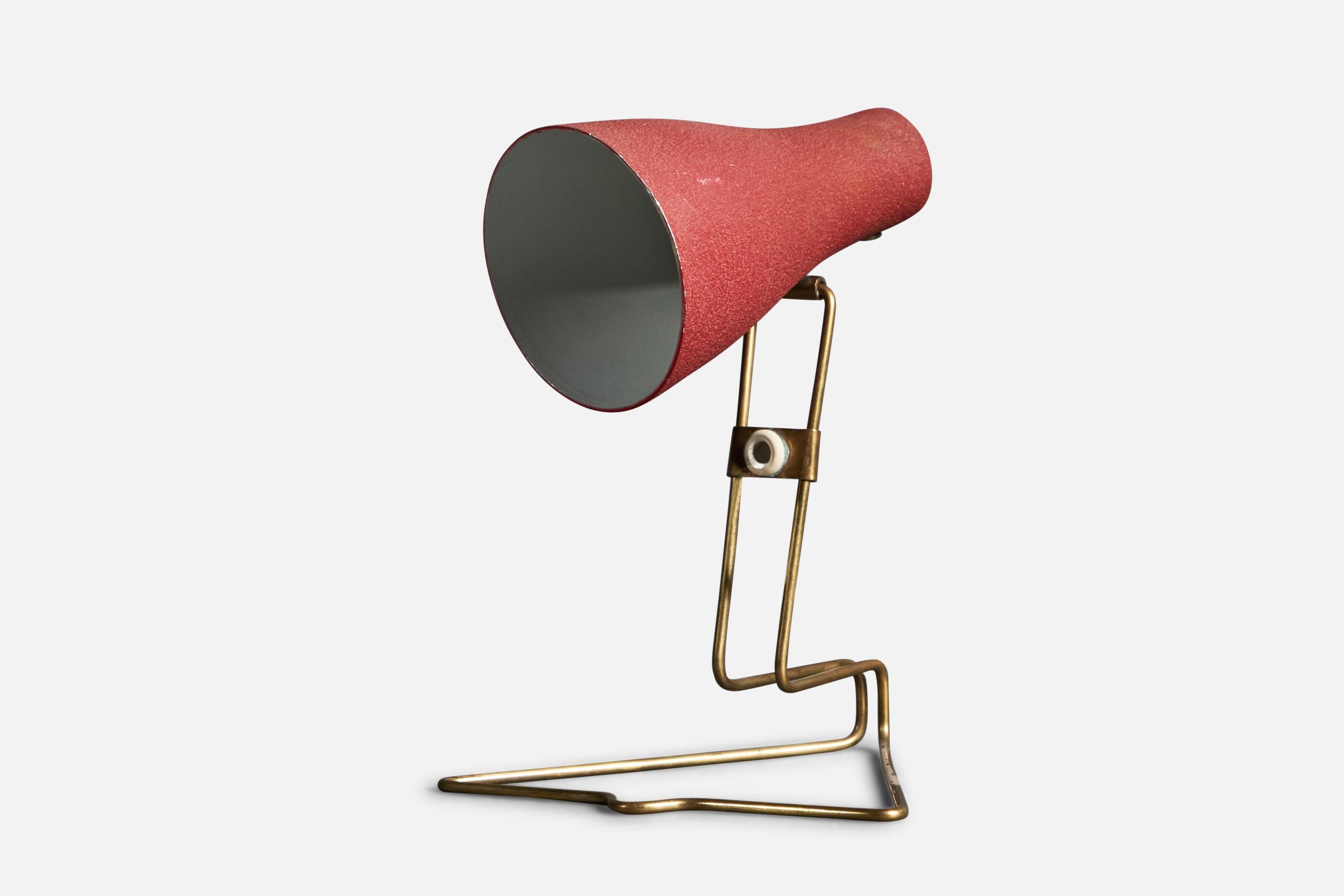 An adjustable wall light or table lamp. Designed and produced by Böhlmarks, Sweden, 1950s. In brass and red-lacquered metal. 

Other designers of the period include Jean Royere, Paolo Buffa, Gino Sarfatti, Hans Bergström, and Paavo Tynell.