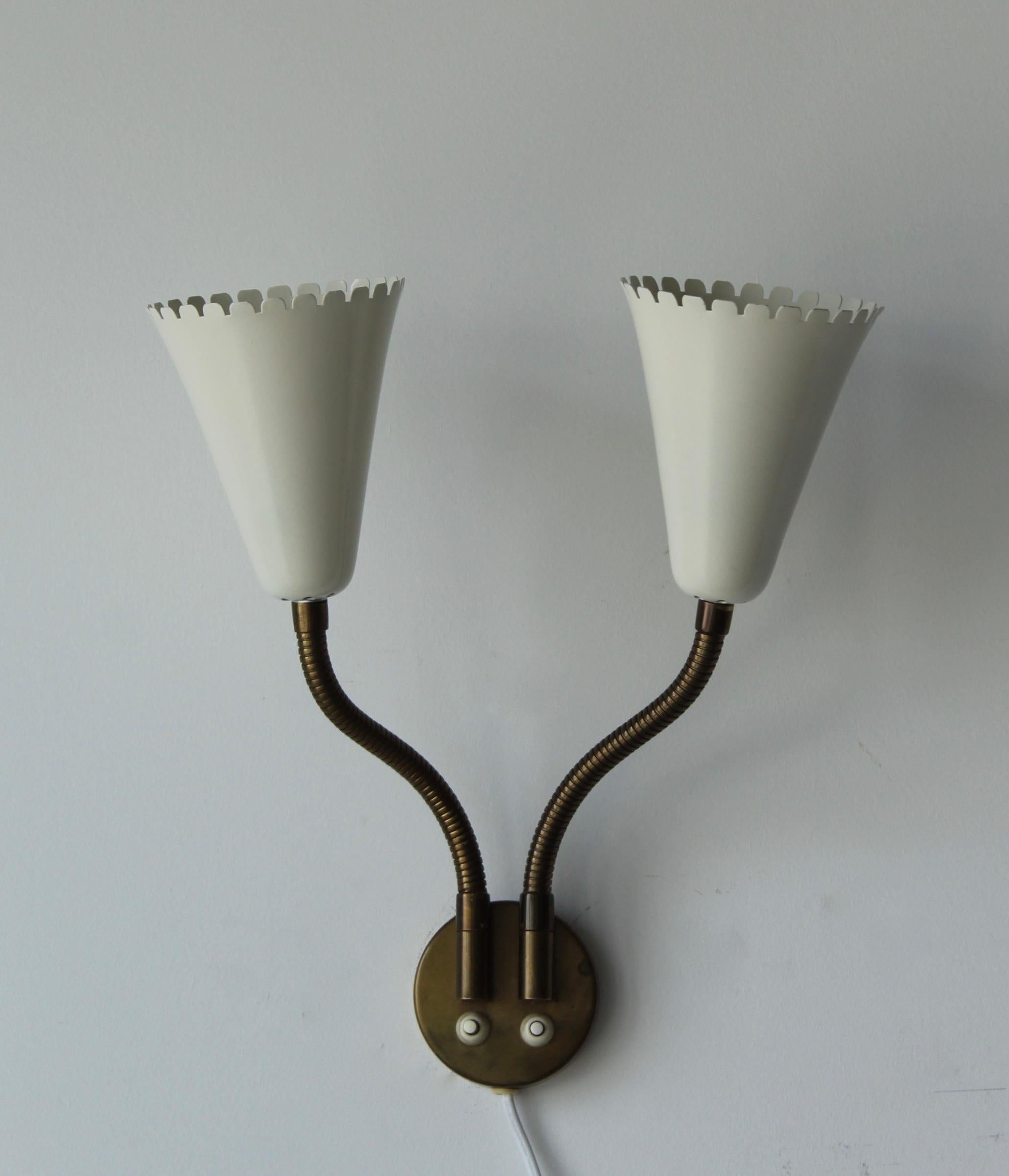 Böhlmarks, Adjustable Wall Light / Sconce, Brass, Lacquer Metal, Sweden, 1950s In Good Condition In High Point, NC