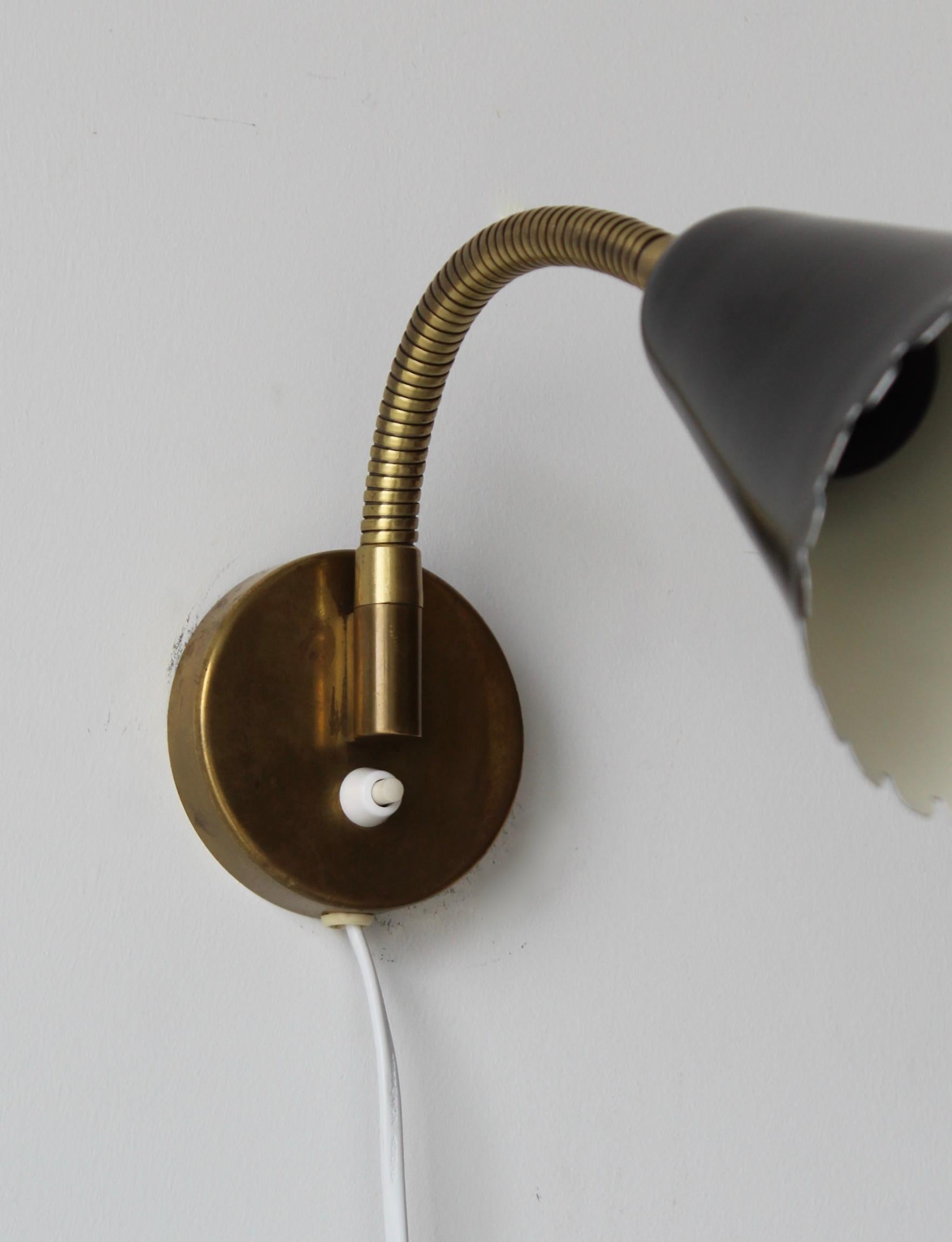 Böhlmarks, Adjustable Wall Lights / Sconces, Brass, Lacquer Metal, Sweden, 1950s In Good Condition In High Point, NC