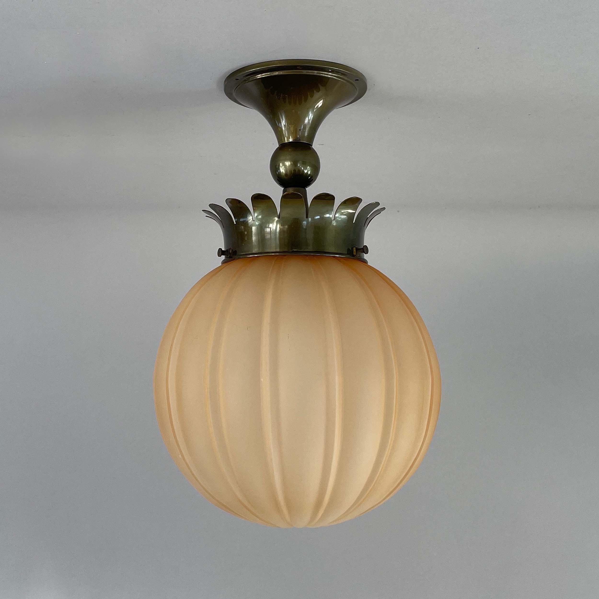 Bronzed Böhlmarks Art Deco Amber Havanna Glass Ceiling light, Harald Notini, 1930s