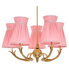 Böhlmarks Attributed Five Arm Brass Chandelier with Pink Shades, Sweden, 1940s
