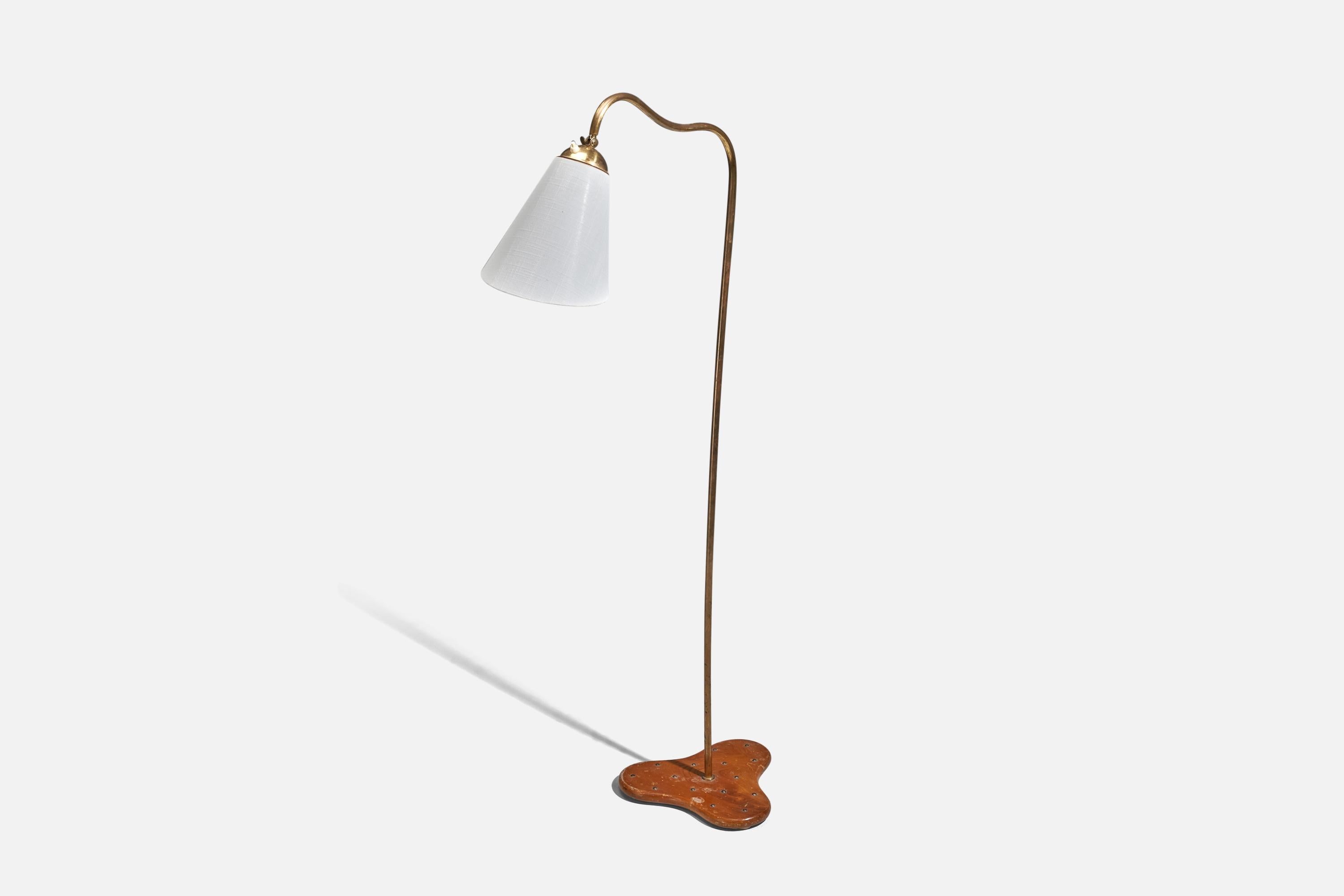 Scandinavian Modern Böhlmarks Attribution, Adjustable Floor Lamp, Brass, Wood, Fabric, Sweden, 1930s For Sale