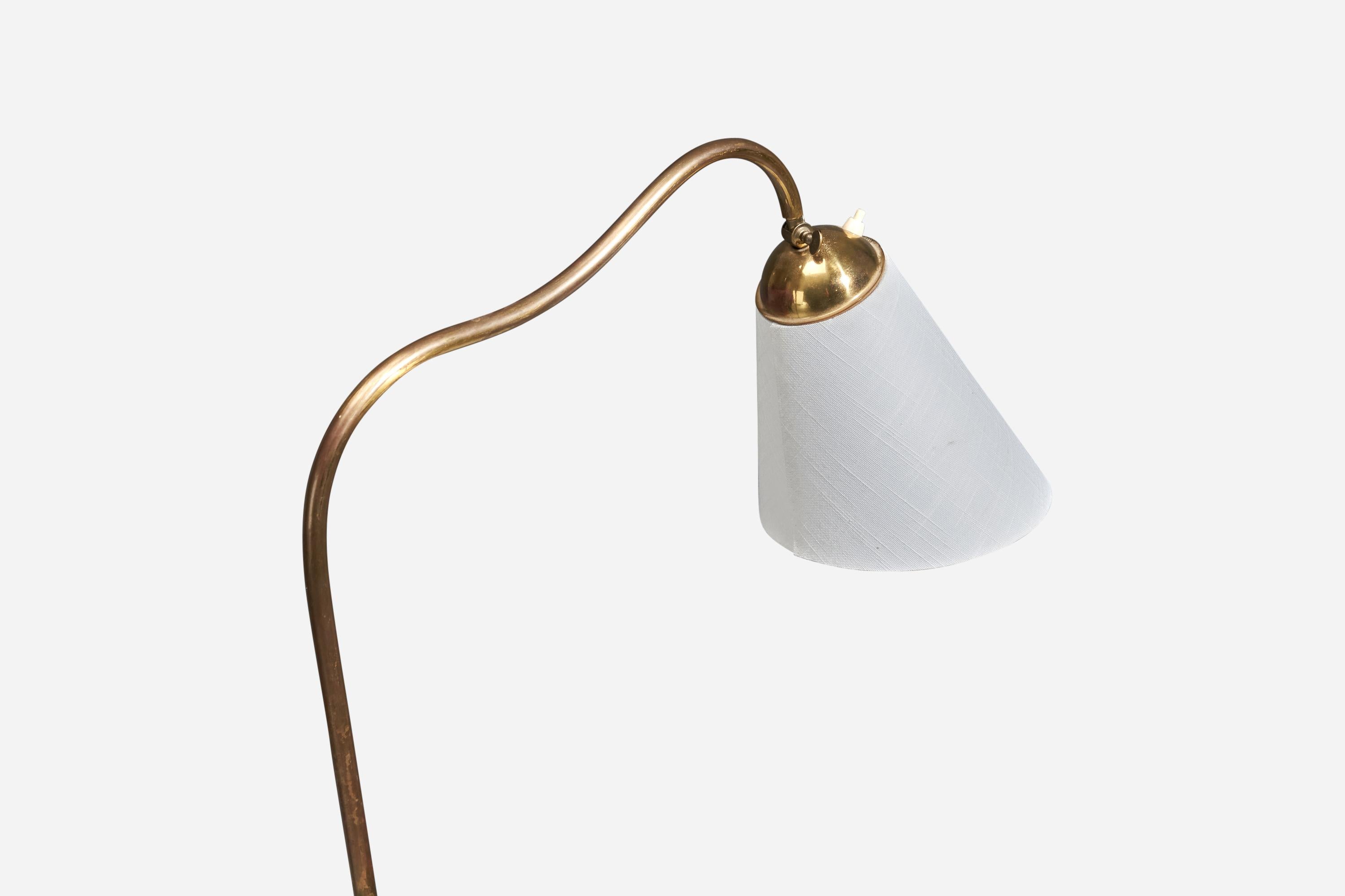 Swedish Böhlmarks Attribution, Adjustable Floor Lamp, Brass, Wood, Fabric, Sweden, 1930s For Sale