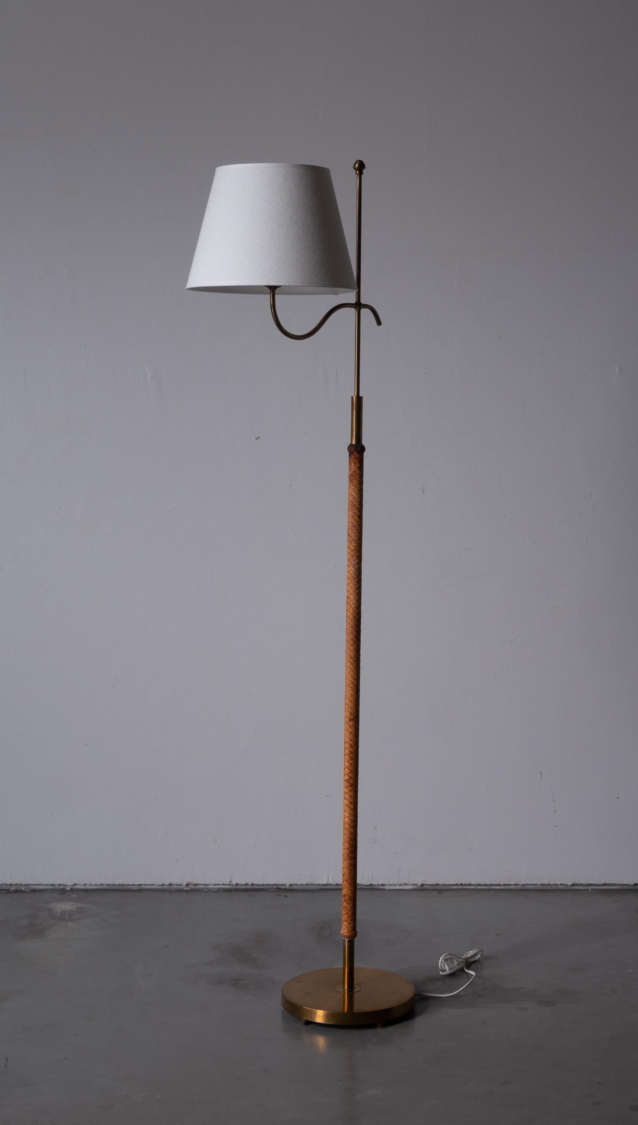 Scandinavian Modern Böhlmarks 'attribution' Floor Lamp, Brass, Leather, Fabric, Sweden, 1940s