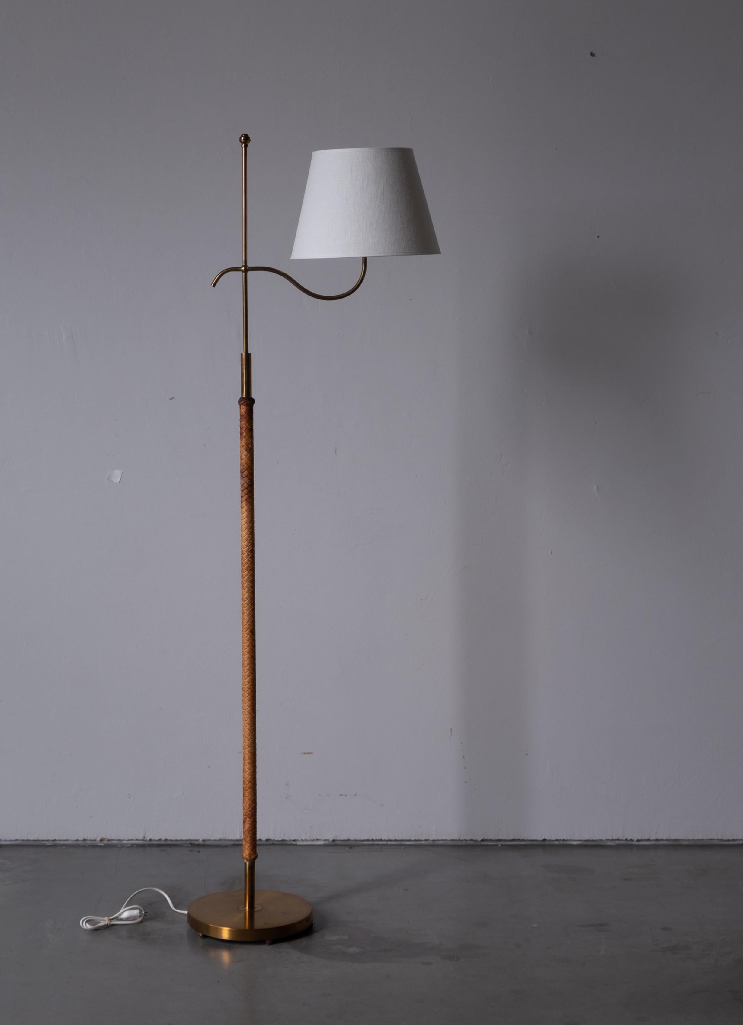Swedish Böhlmarks 'attribution' Floor Lamp, Brass, Leather, Fabric, Sweden, 1940s