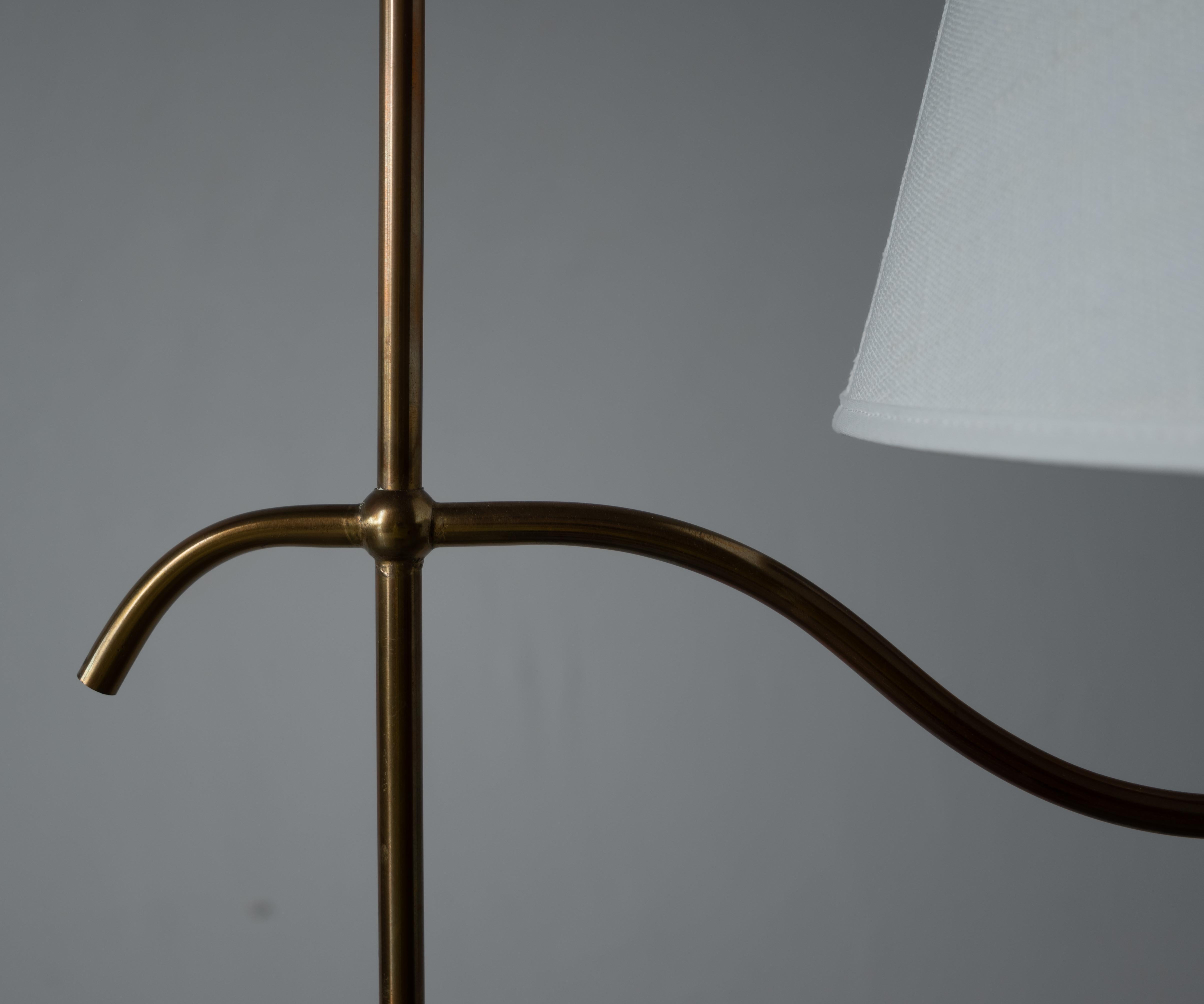 Mid-20th Century Böhlmarks 'attribution' Floor Lamp, Brass, Leather, Fabric, Sweden, 1940s