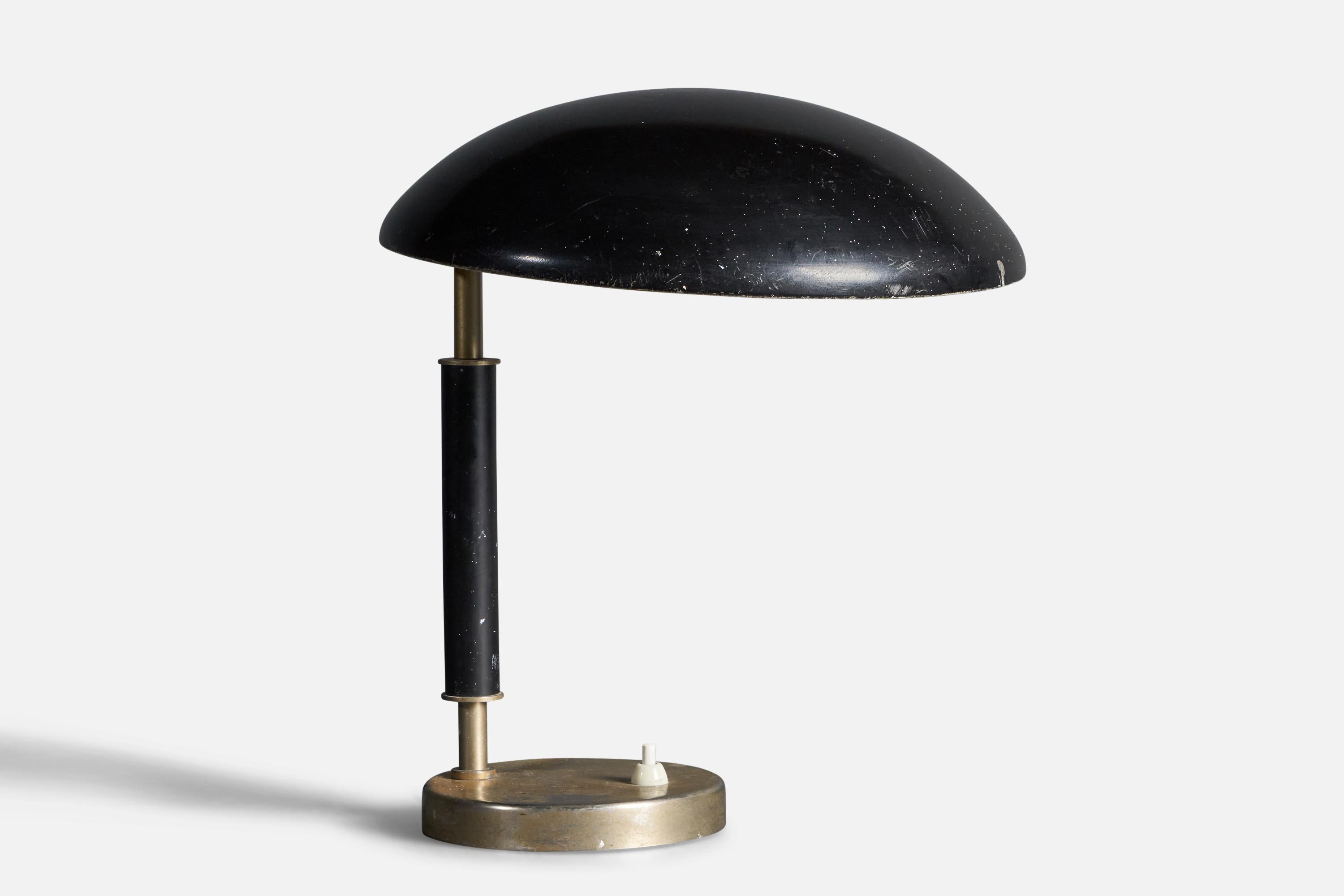 A modernist table lamp or desk light. Production attributed by the iconic Swedish lamp maker Böhlmarks, circa 1940. 

Other designers of the period include Paavo Tynell, Lisa Johansson-Pape, Carl-Axel Acking, and Gunnar Asplund.