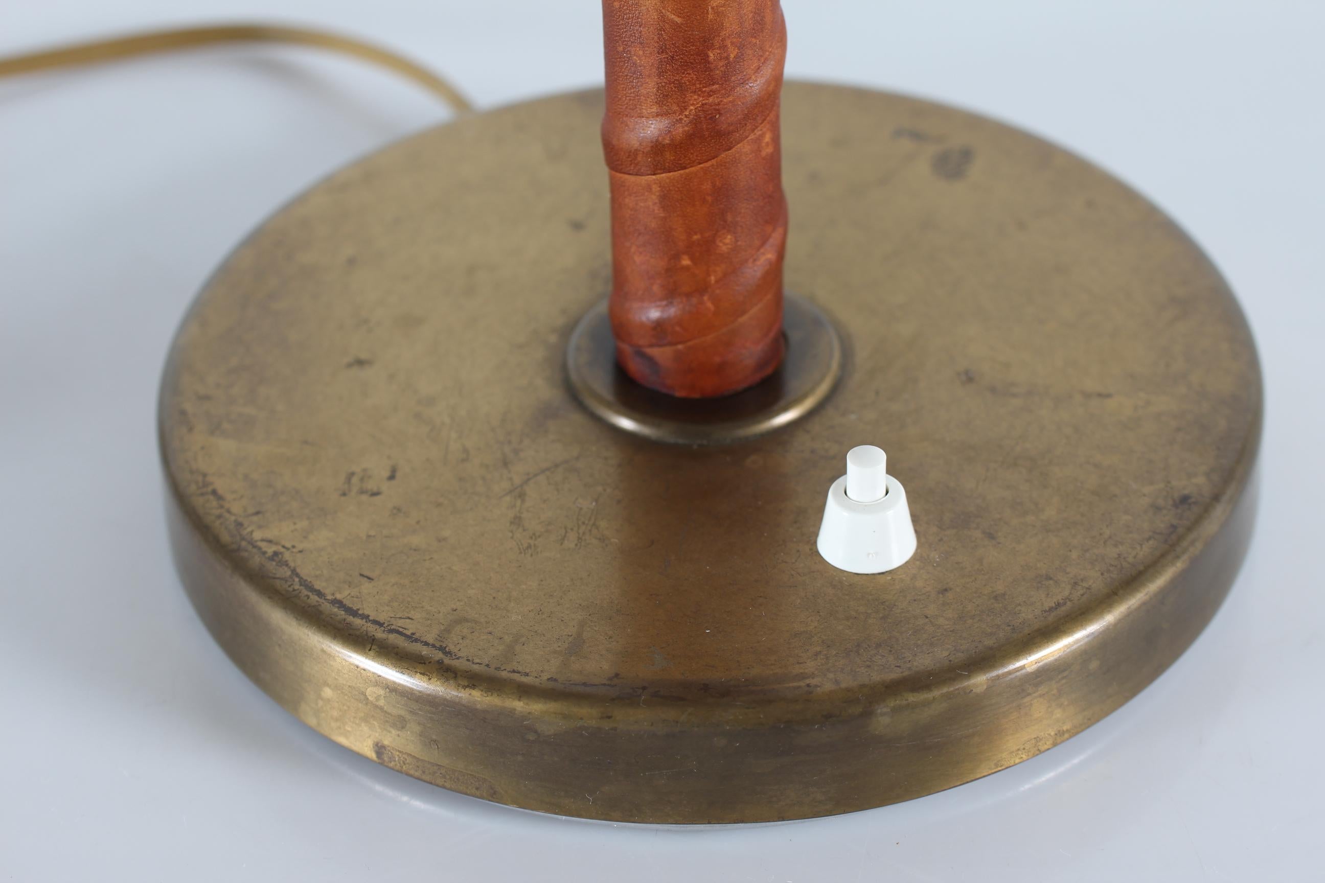 Lacquered Bohlmarks Brass Desk Lamp Natural Leather for Nordiska Kompaniet, circa 1940