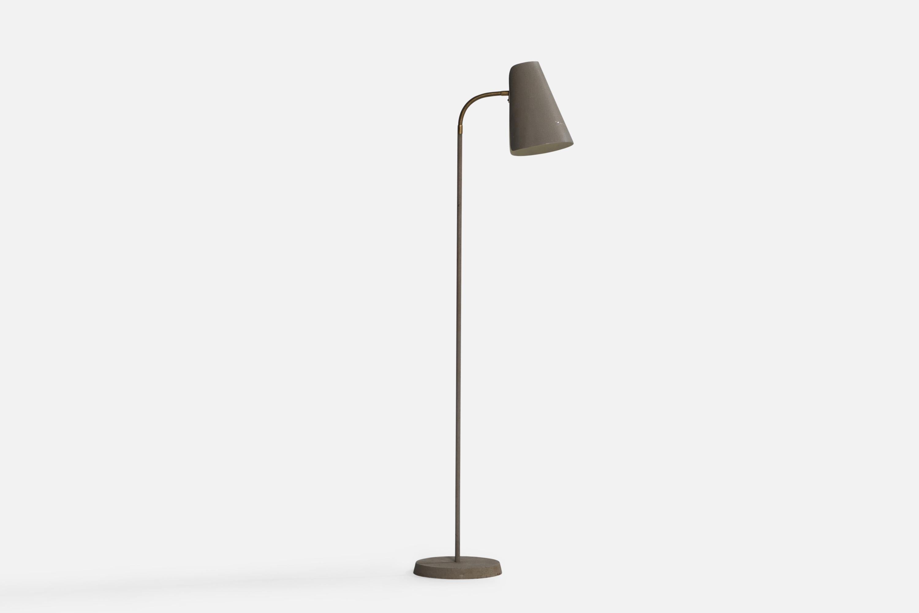 A brass and grey-lacquered metal floor lamp designed and produced by Böhlmark, Sweden, c. 1940s.

Overall Dimensions (inches): 51.3” H x 8.7” W x 15.75” D. Stated dimensions include shade.
Dimensions vary based on position of light.
Bulb