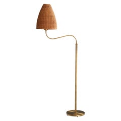 Böhlmarks, Floor Lamp, Brass, Rattan, Sweden, 1940s