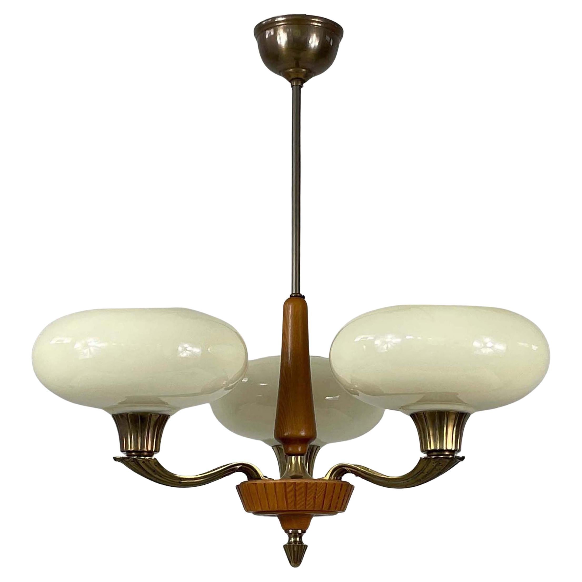 Böhlmarks Opaline Glass, Brass & Carved Wood Chandelier, Sweden 1930s