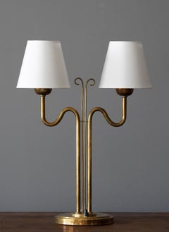 Böhlmarks, Organic Table Lamp, Brass, Fabric, Sweden, 1940s