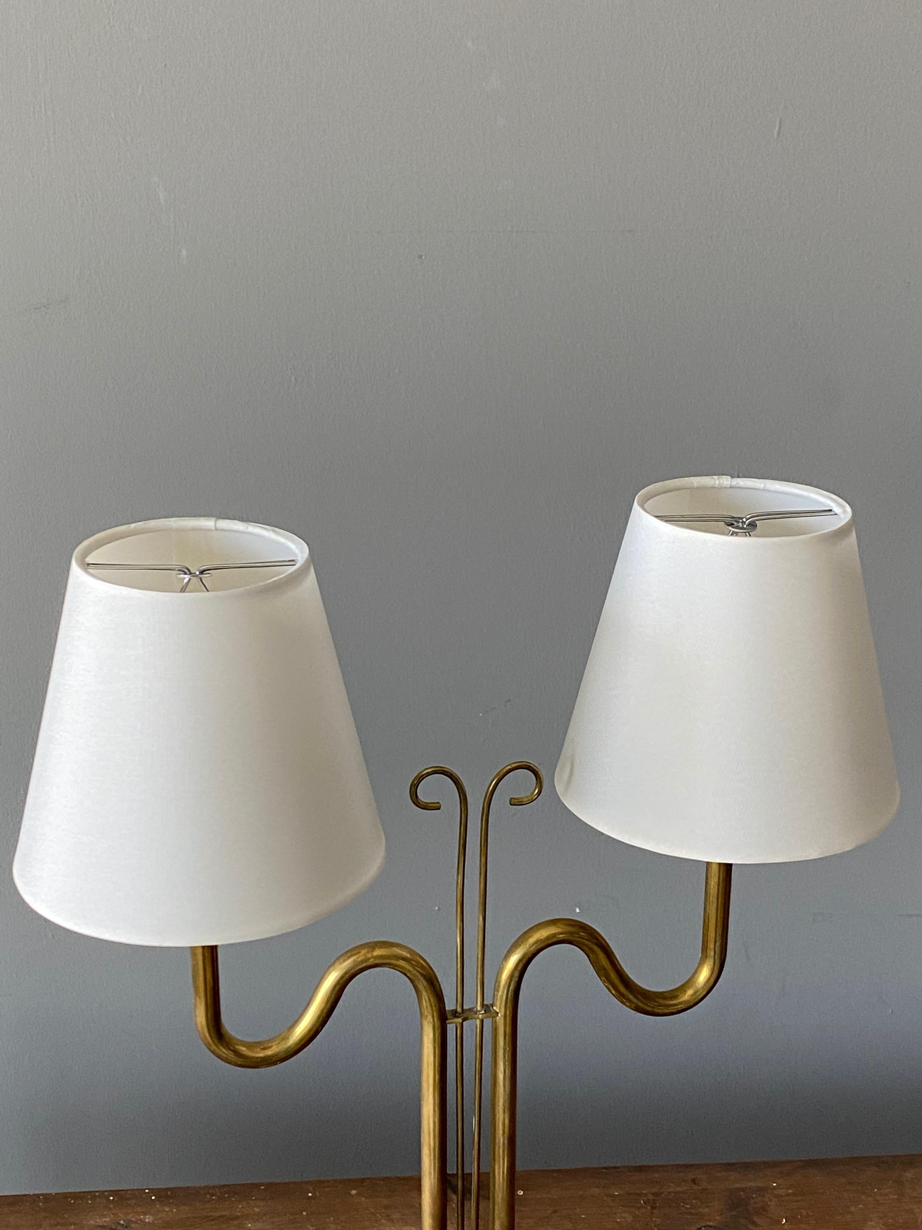 Scandinavian Modern Böhlmarks, Organic Table Lamp, Brass, Fabric, Sweden, 1940s