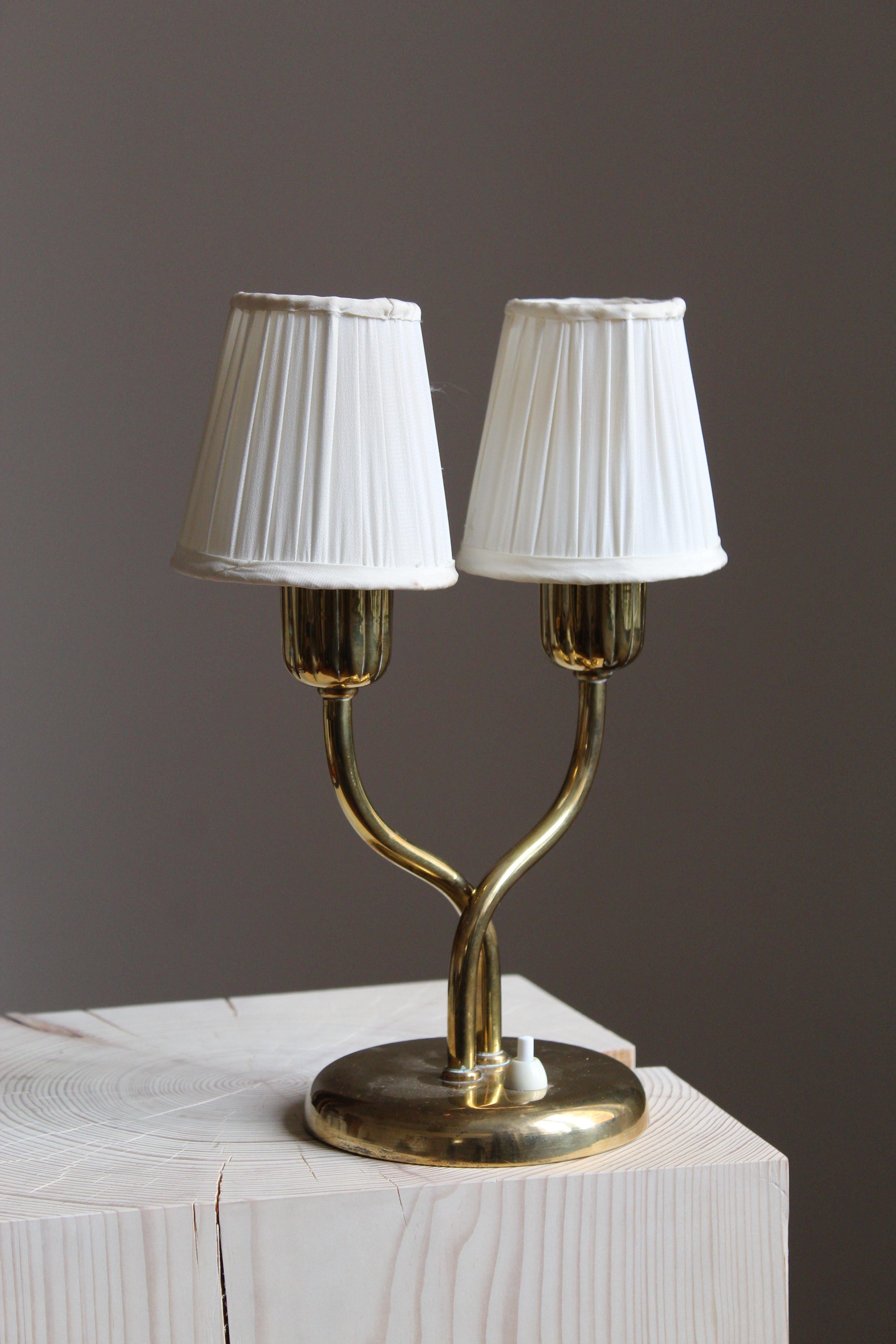 Scandinavian Modern Böhlmarks, Organic Table Lamp, Brass, Fabric, Sweden, 1940s