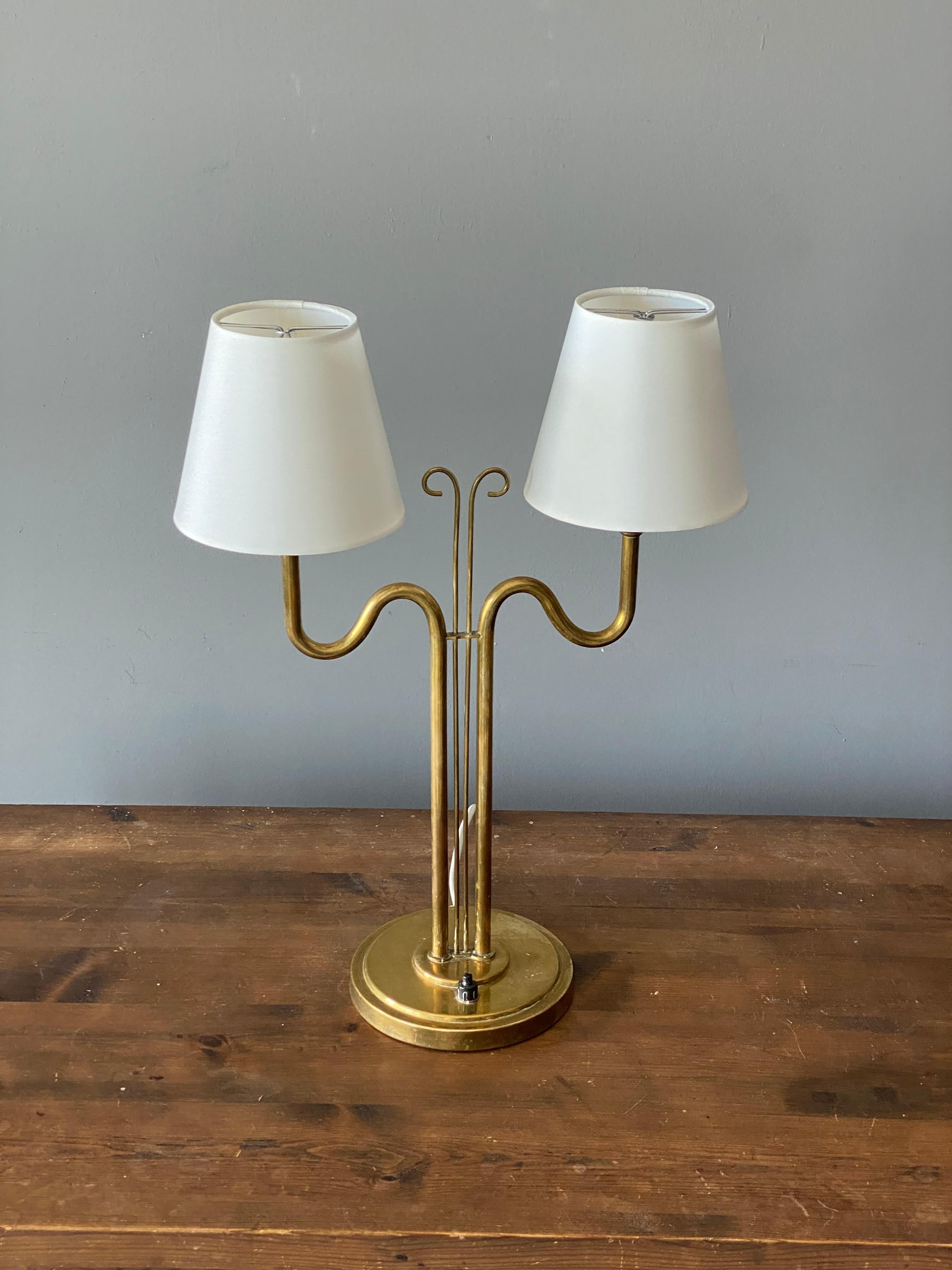Swedish Böhlmarks, Organic Table Lamp, Brass, Fabric, Sweden, 1940s