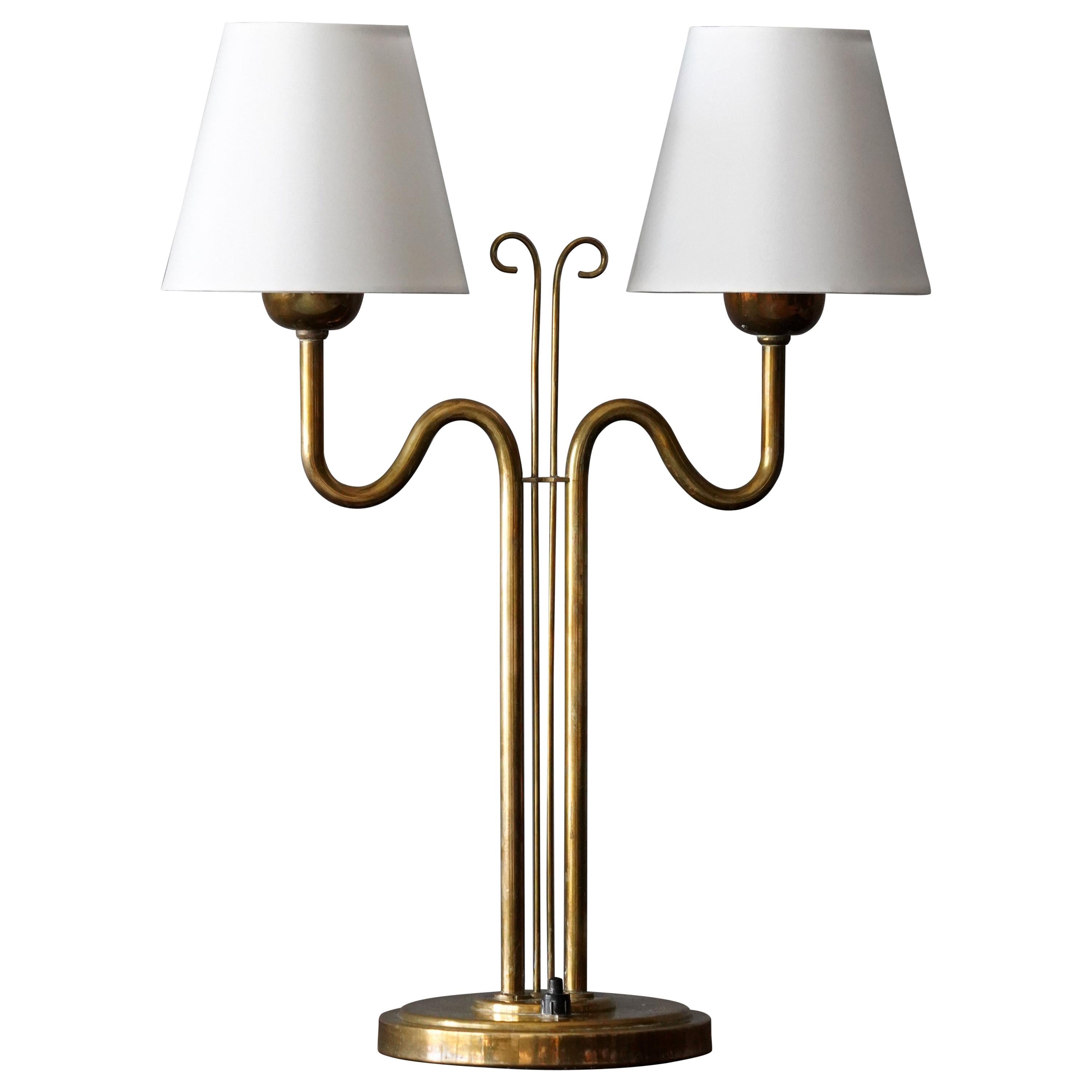 Böhlmarks, Organic Table Lamp, Brass, Fabric, Sweden, 1940s