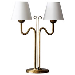 Böhlmarks, Organic Table Lamp, Brass, Fabric, Sweden, 1940s