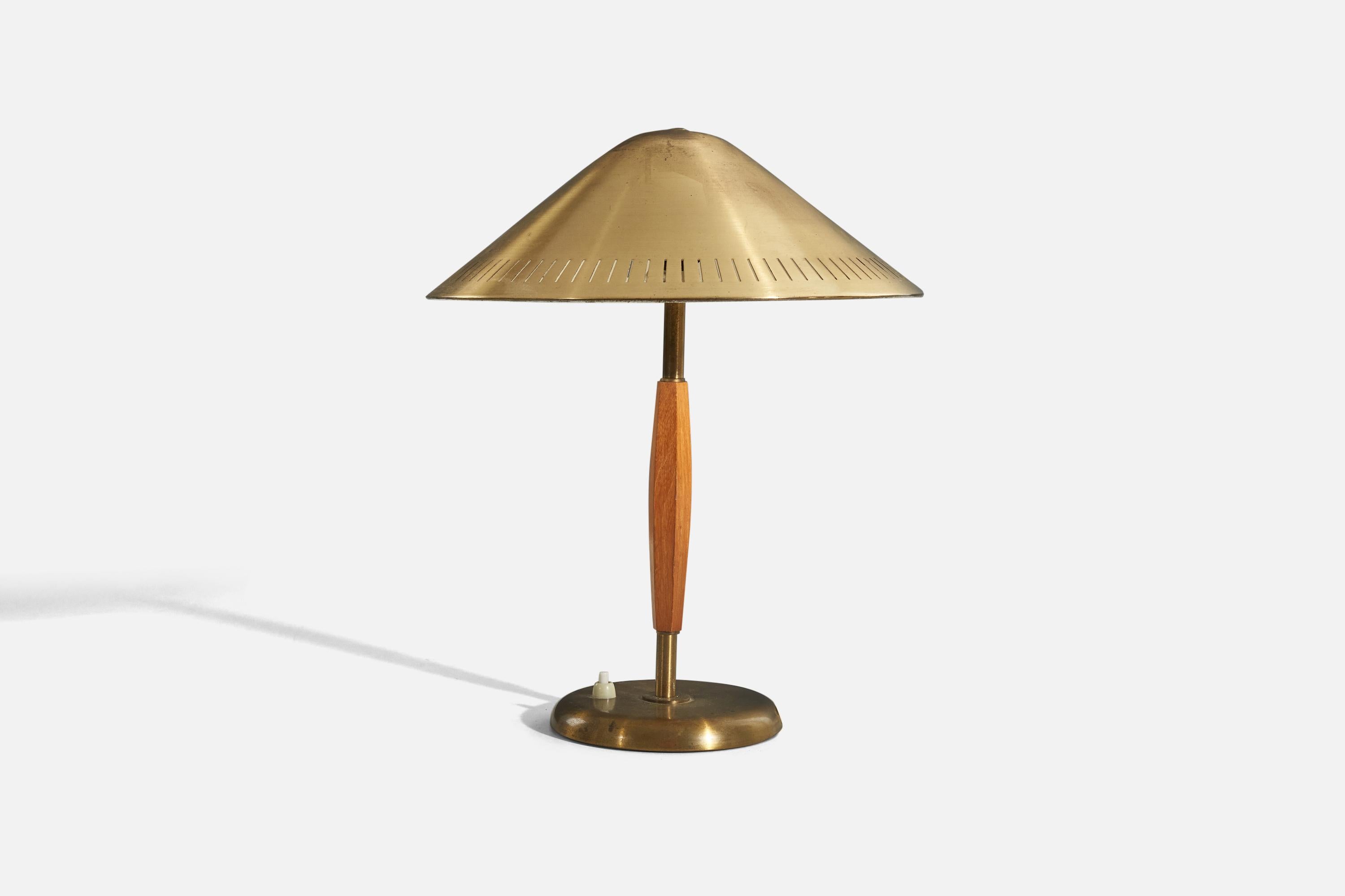 Böhlmarks, Table Lamp, Brass, Elm, Sweden, 1940s For Sale
