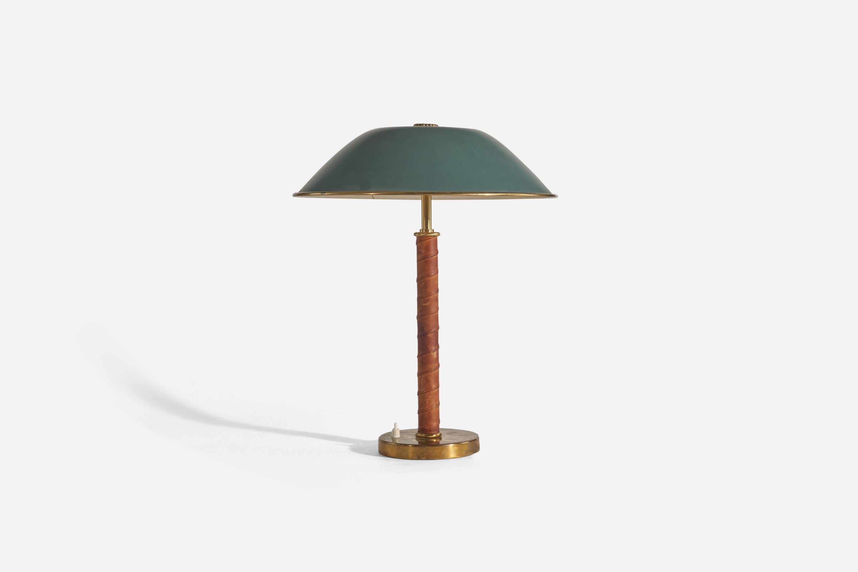 Scandinavian Modern Böhlmarks, Table Lamp, Brass, Leather, Green-Lacquered Metal, Sweden, c. 1940s