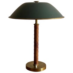 Böhlmarks, Table Lamp Brass, Natural Leather, Green Lacquered Steel, circa 1940