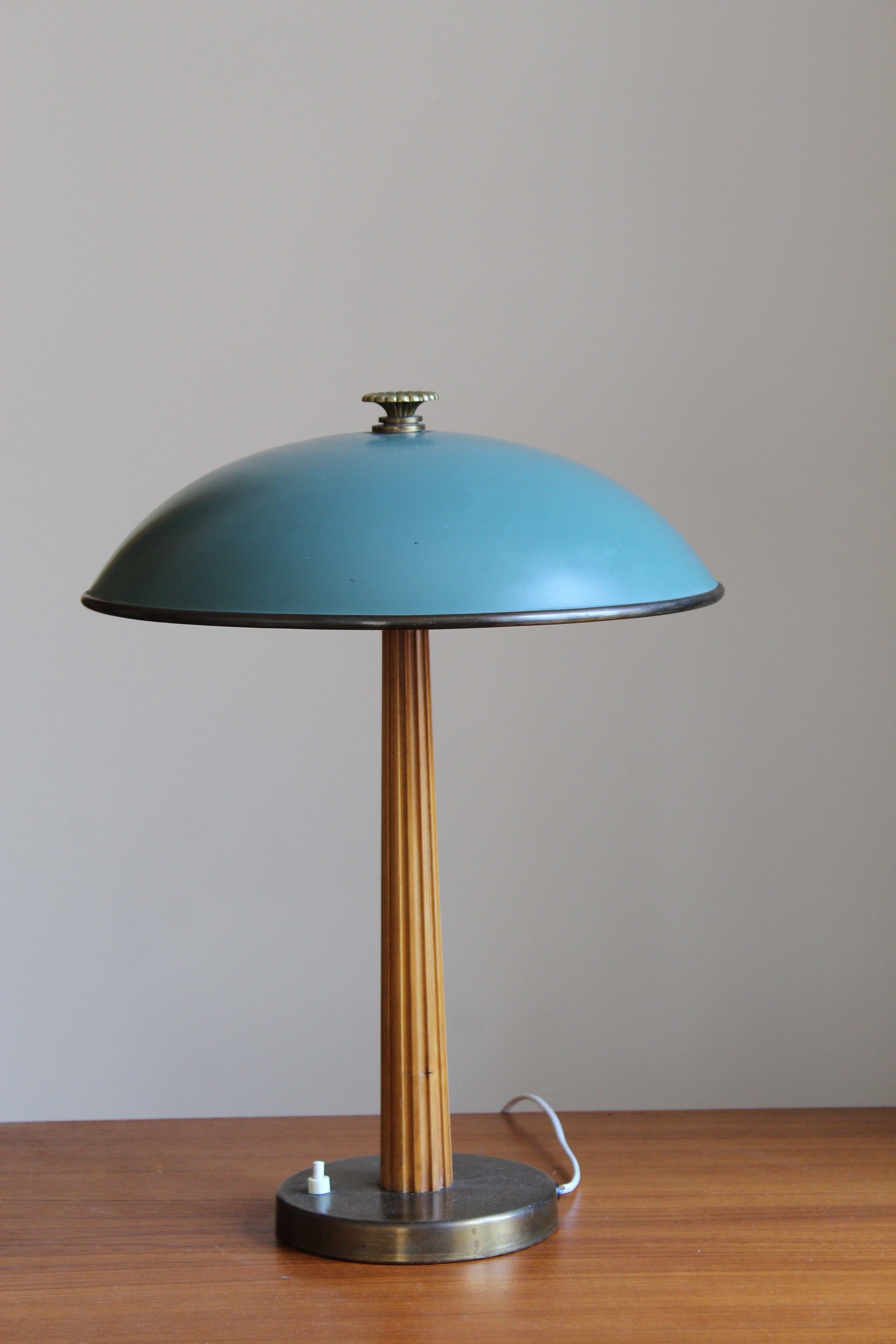 Scandinavian Modern Böhlmarks, Table Lamp, Blue Brass, Stained Elm, Lacquered Steel, circa 1940